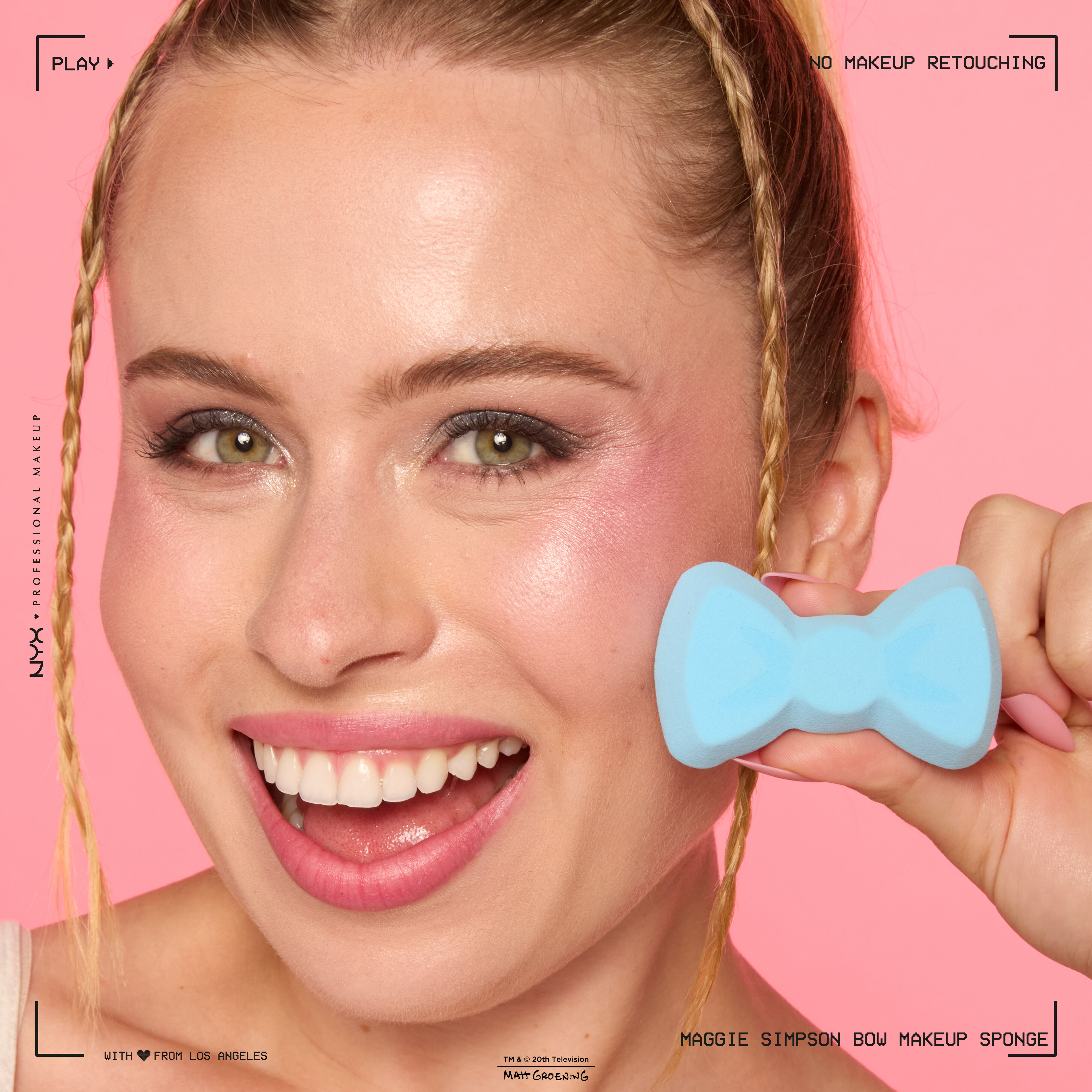 NYX Maggie Simpson Bow Makeup Sponge shown in hand with product packaging, pink background.
