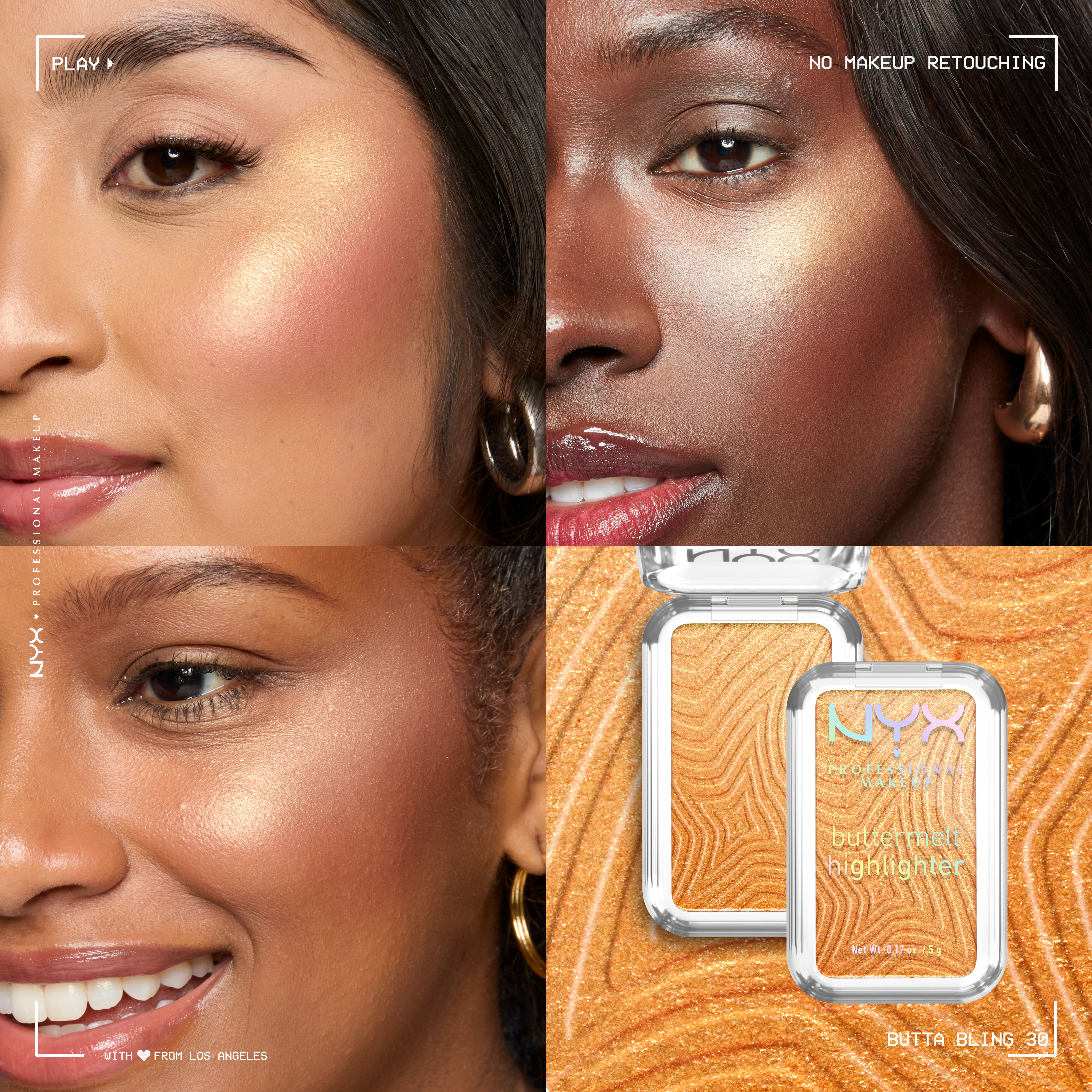A collage with 3 models with different skintones wearing Buttermelt Highlighter in shade Butta Bling and a packshot