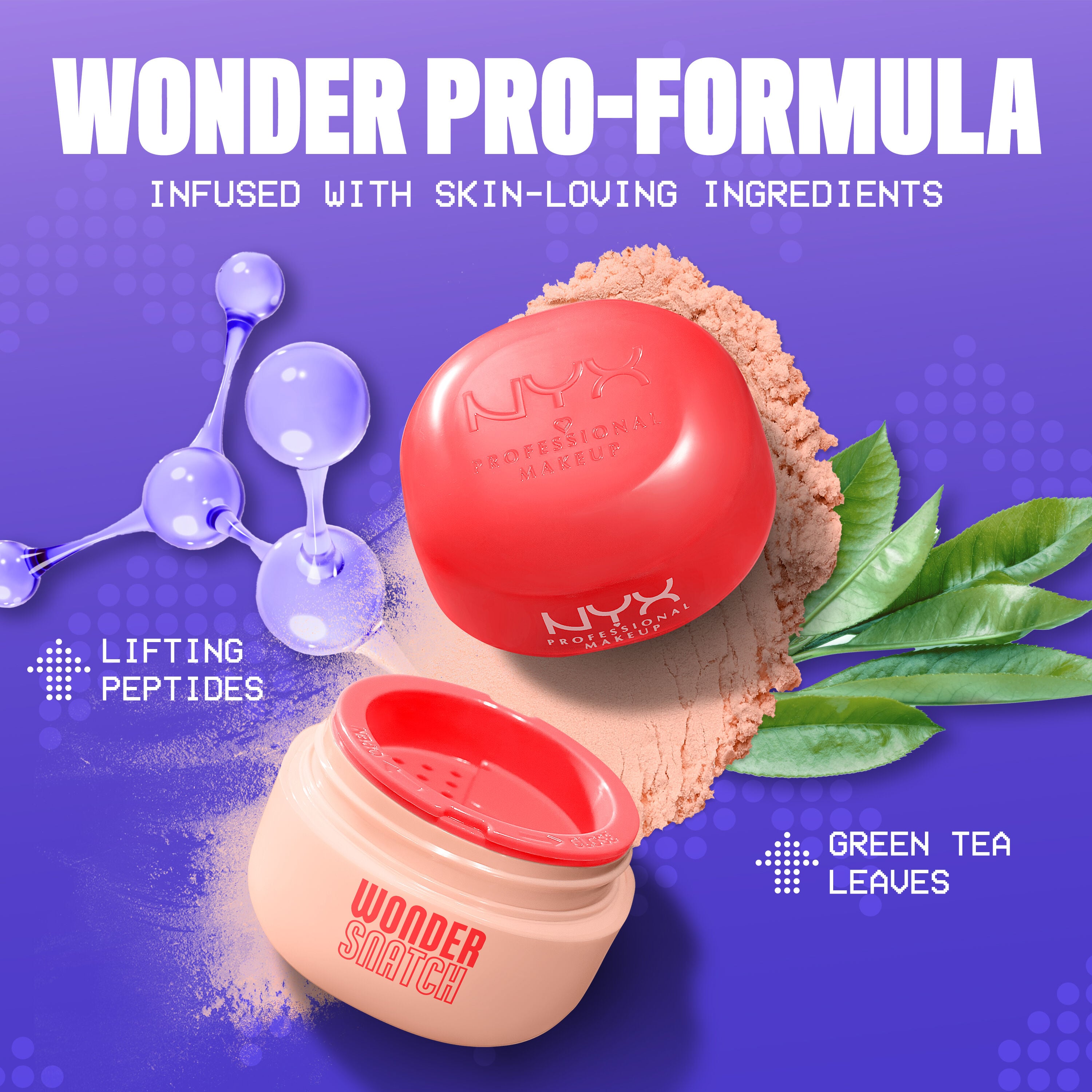 Open Wonder Snatch Setting Powder in translucent medium Apricot Attitude with spilled powder, green tea leaves, and peptides