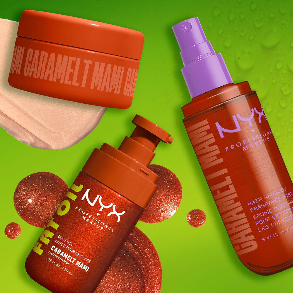 Three NYX Professional Makeup Caramelt Mami products on a lime green background with caramel brown shimmer bubbles: body butter jar, Fat Oil body oil, and hair & body fragrance mist.