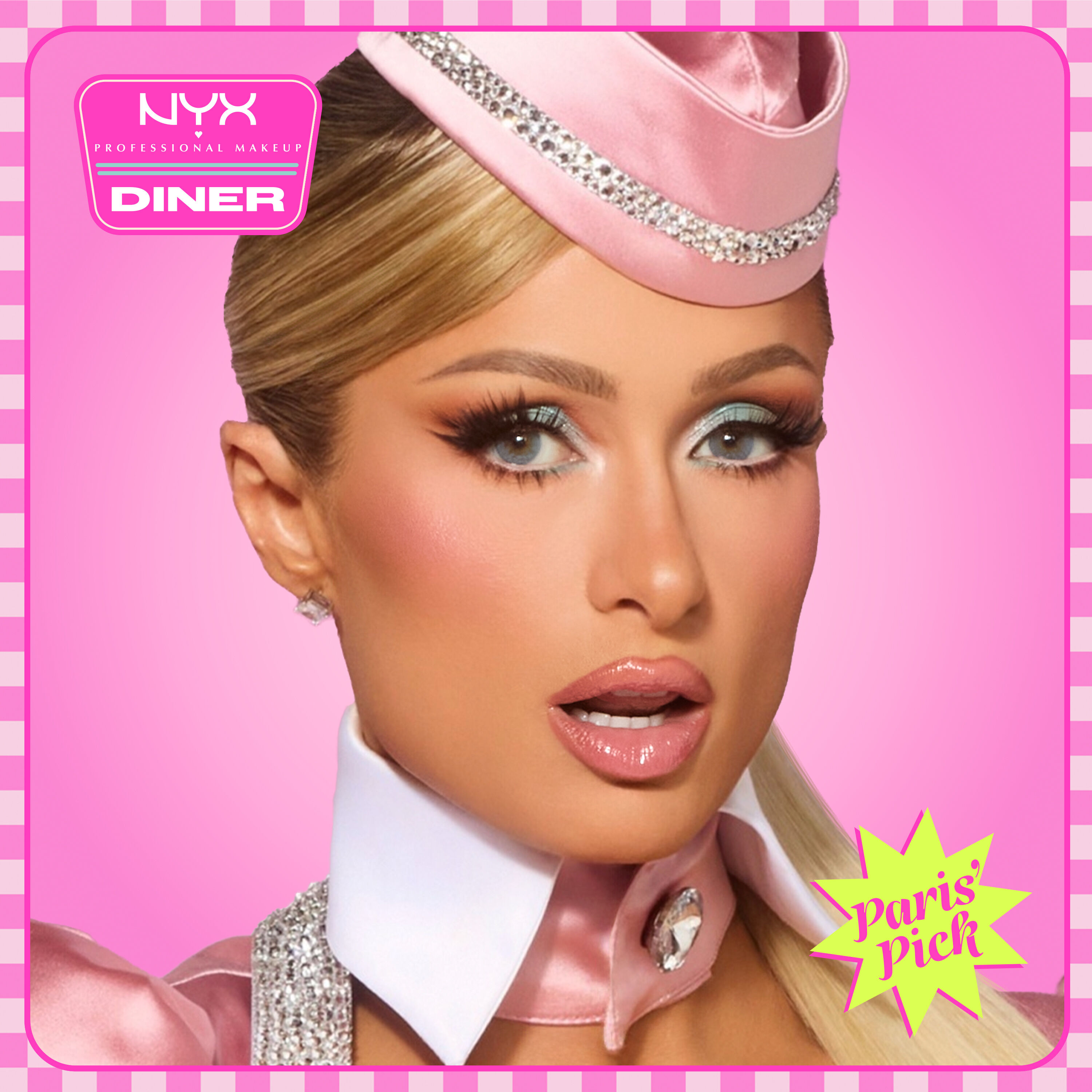 NYX Professional Makeup Slim Lip Pencil in 858 Nude Pink and Butter Gloss in 05 Creme Brulee featured in a beauty visual with model close-up and campaign graphics.