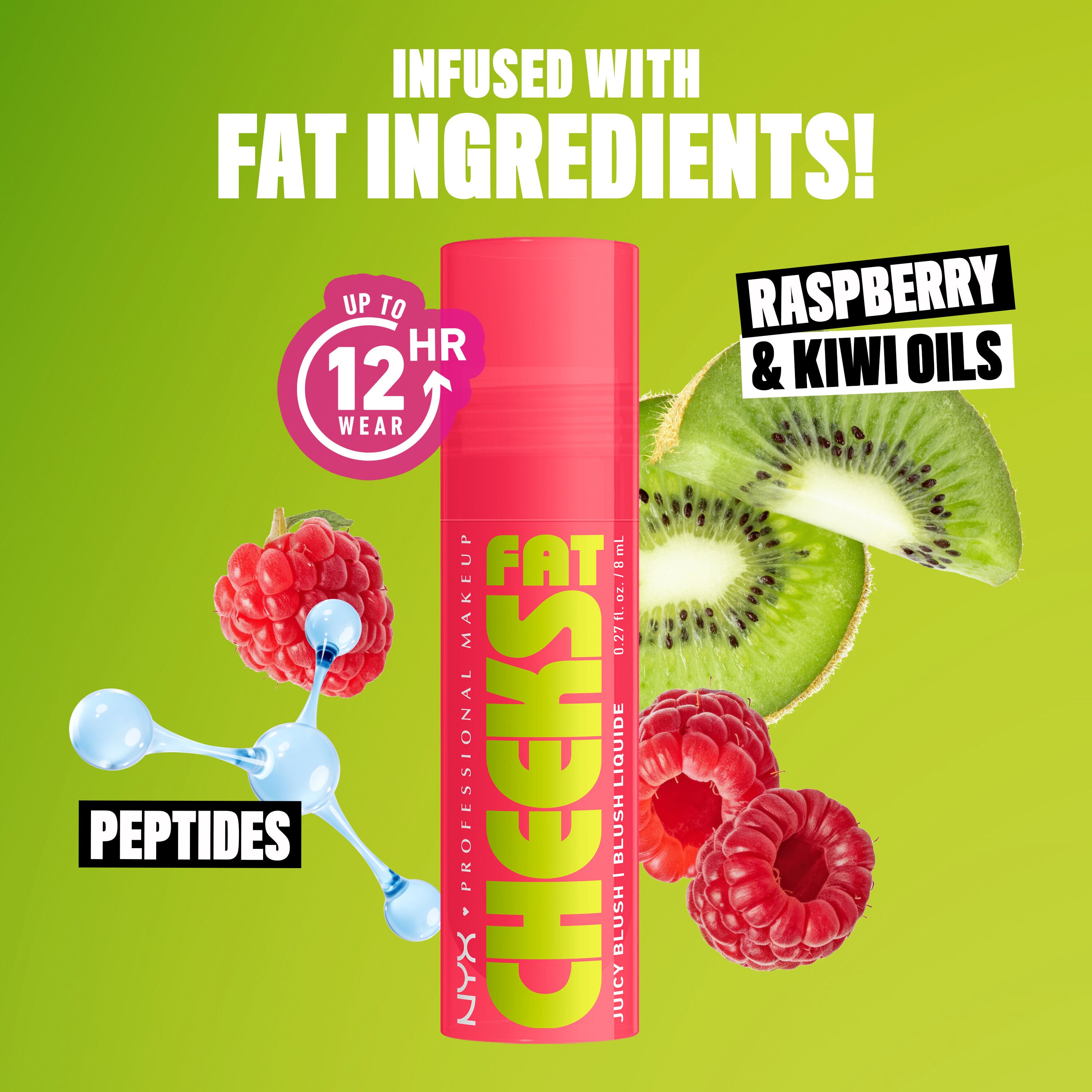Fat Cheeks Juicy Blush with kiwis, raspberries, and artistic rendering of peptides to show hydrating ingredients