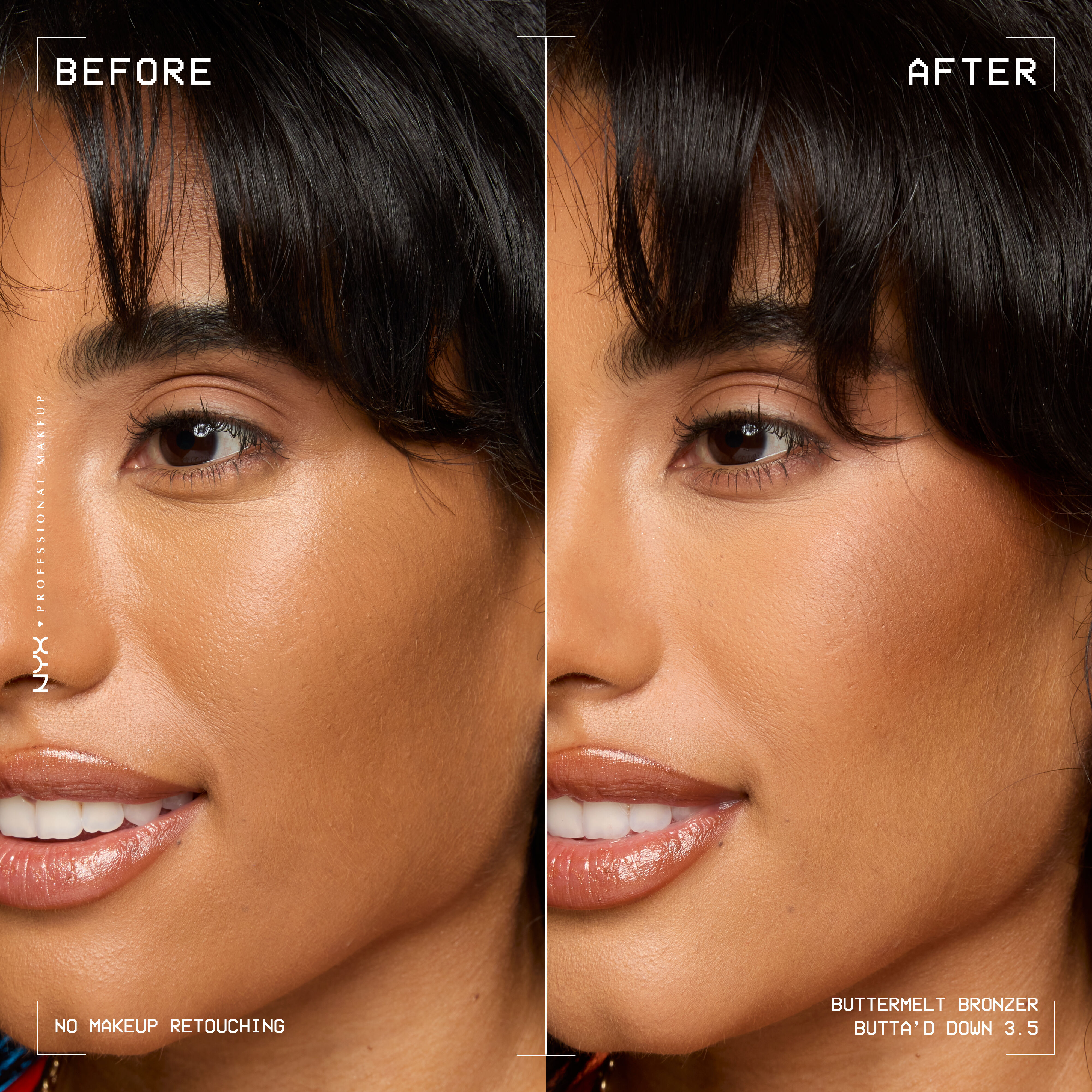 Buttermelt Bronzer in shade Butta'd Down, a medium warm shade, before and after on a model