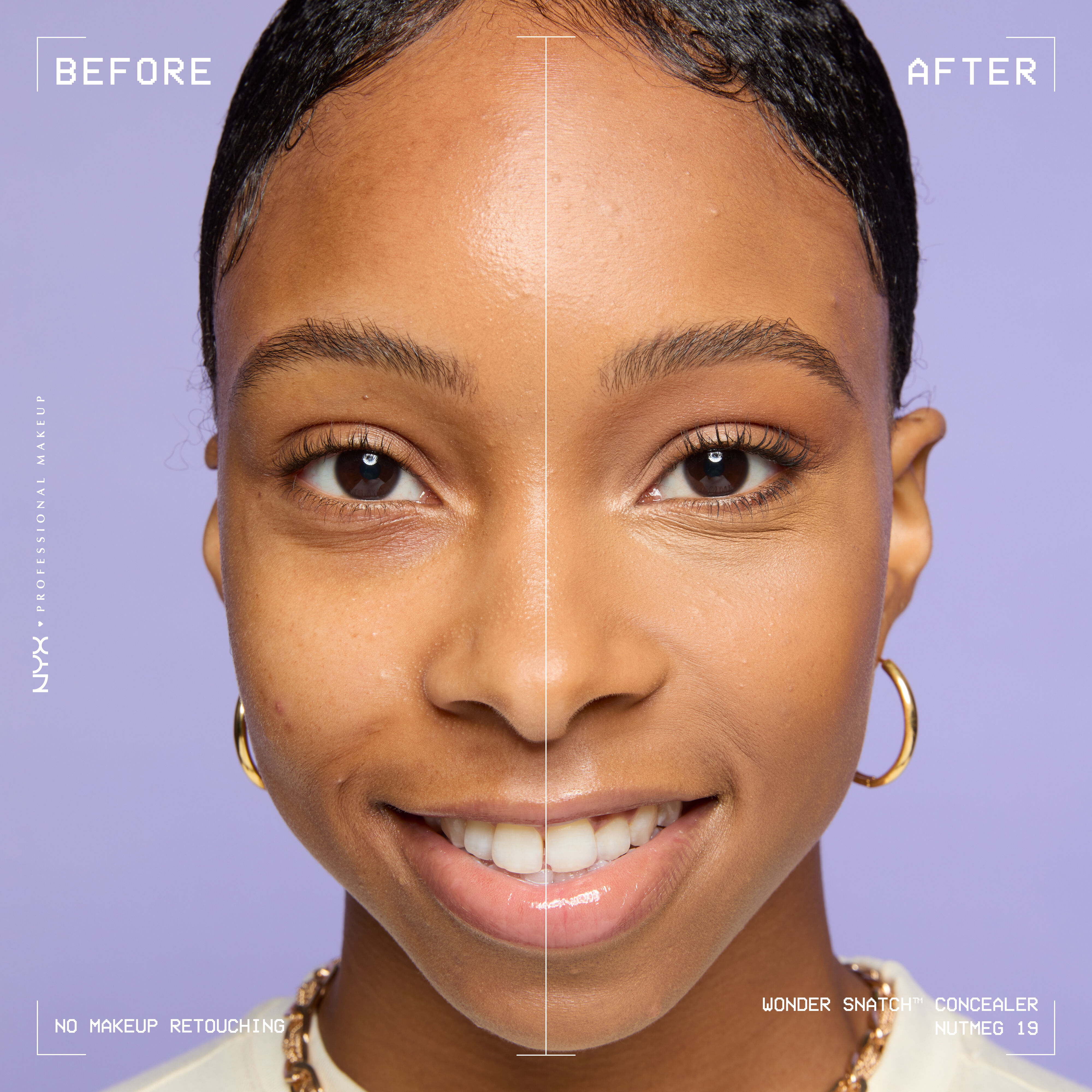 Before-and-after comparison of model wearing Wonder Snatch(TM) Concealer, showing brighter under-eyes and smoother-looking skin.