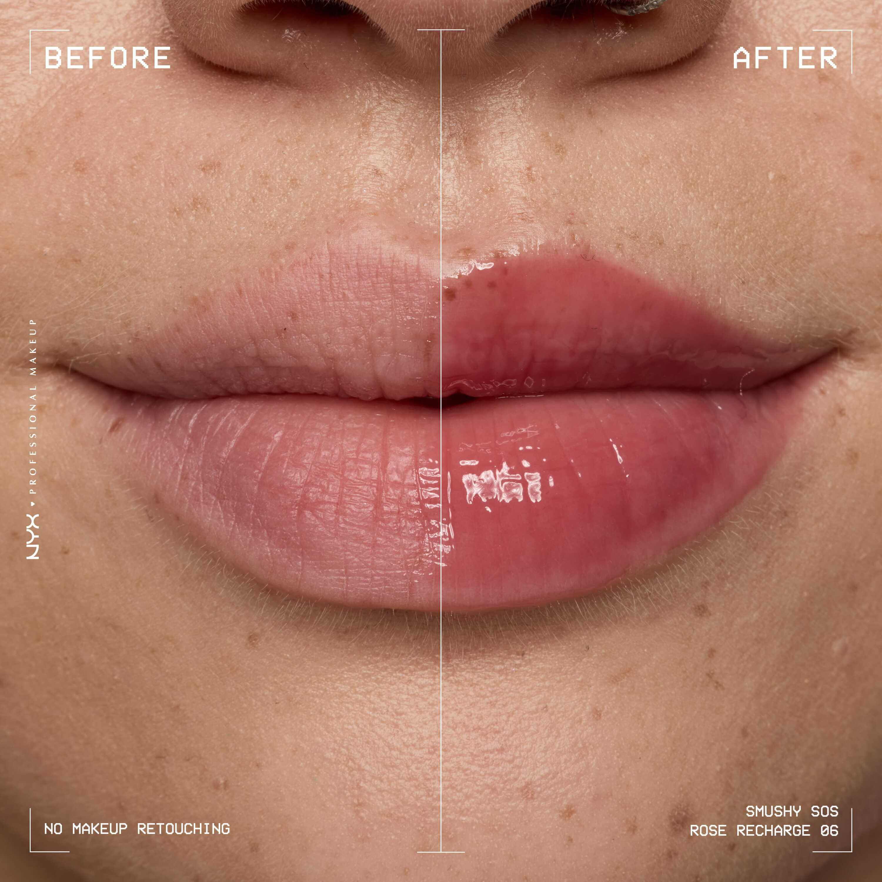 Before and after close-up of dry lips vs glossy hydrated lips with NYX Professional Makeup Smushy SOS in Rose Recharge