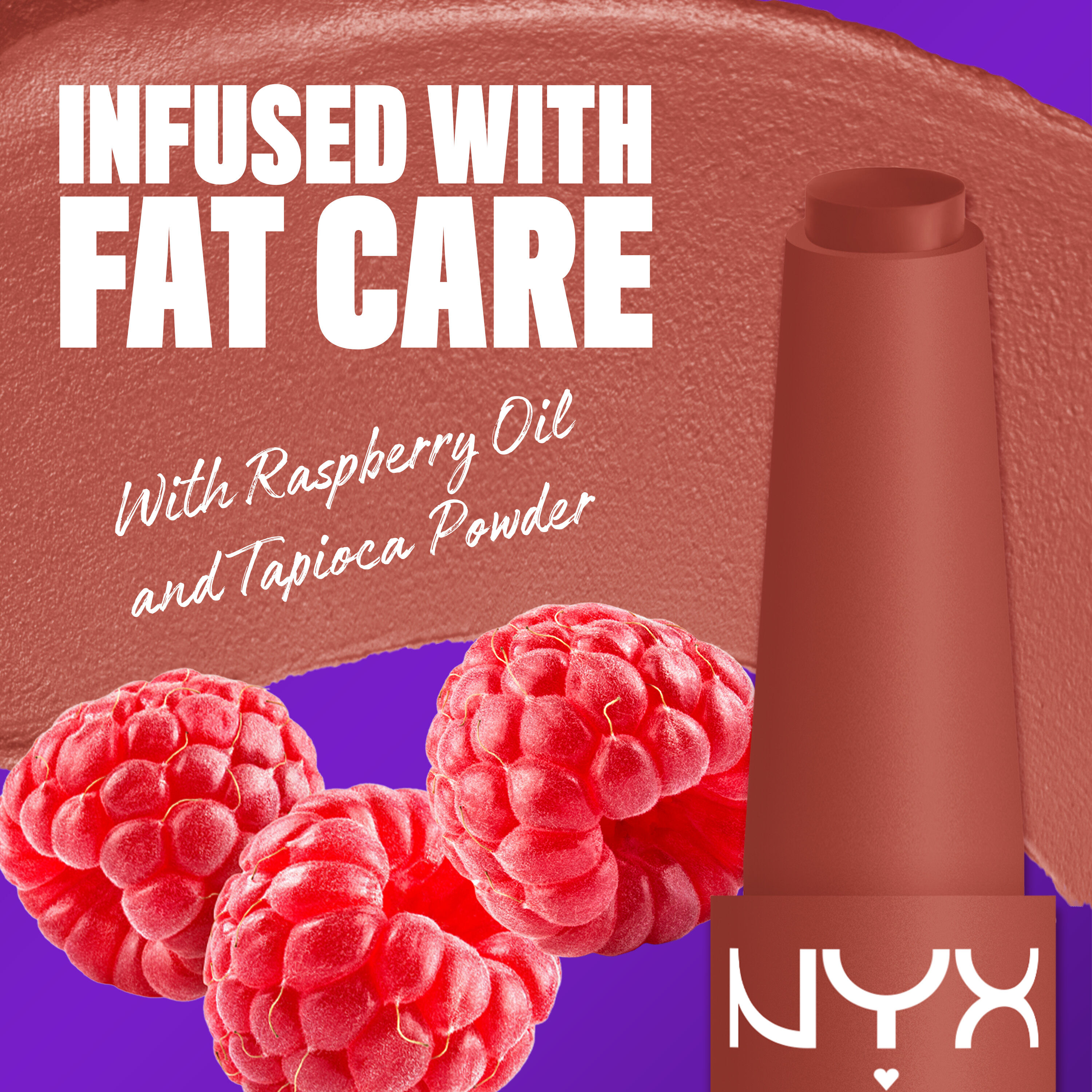 NYX Professional Makeup Fat Matte Smooth Color Lipstick infused with raspberry oil and tapioca powder for soft, smooth creamy matte lip color.