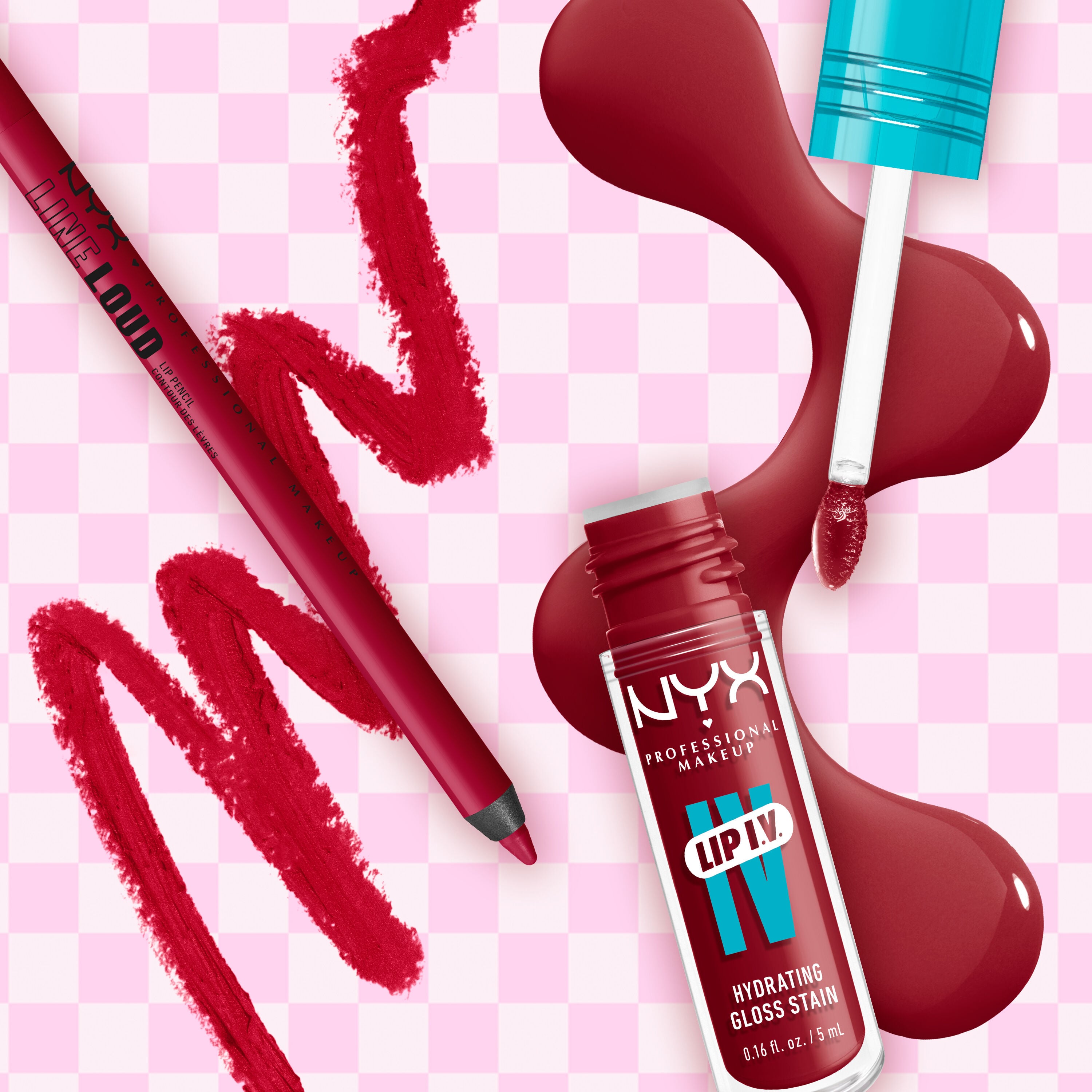 NYX Professional Makeup Line Loud Lip Liner in 12 On A Mission and Lip I.V. Hydrating Lip Gloss Stain displayed in a flatlay with swatches on a pink check background.