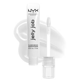 Open Jelly Job Jelly Lip Gloss in shade 'Just Jelly', a clear jelly gloss with shade swatch in the background