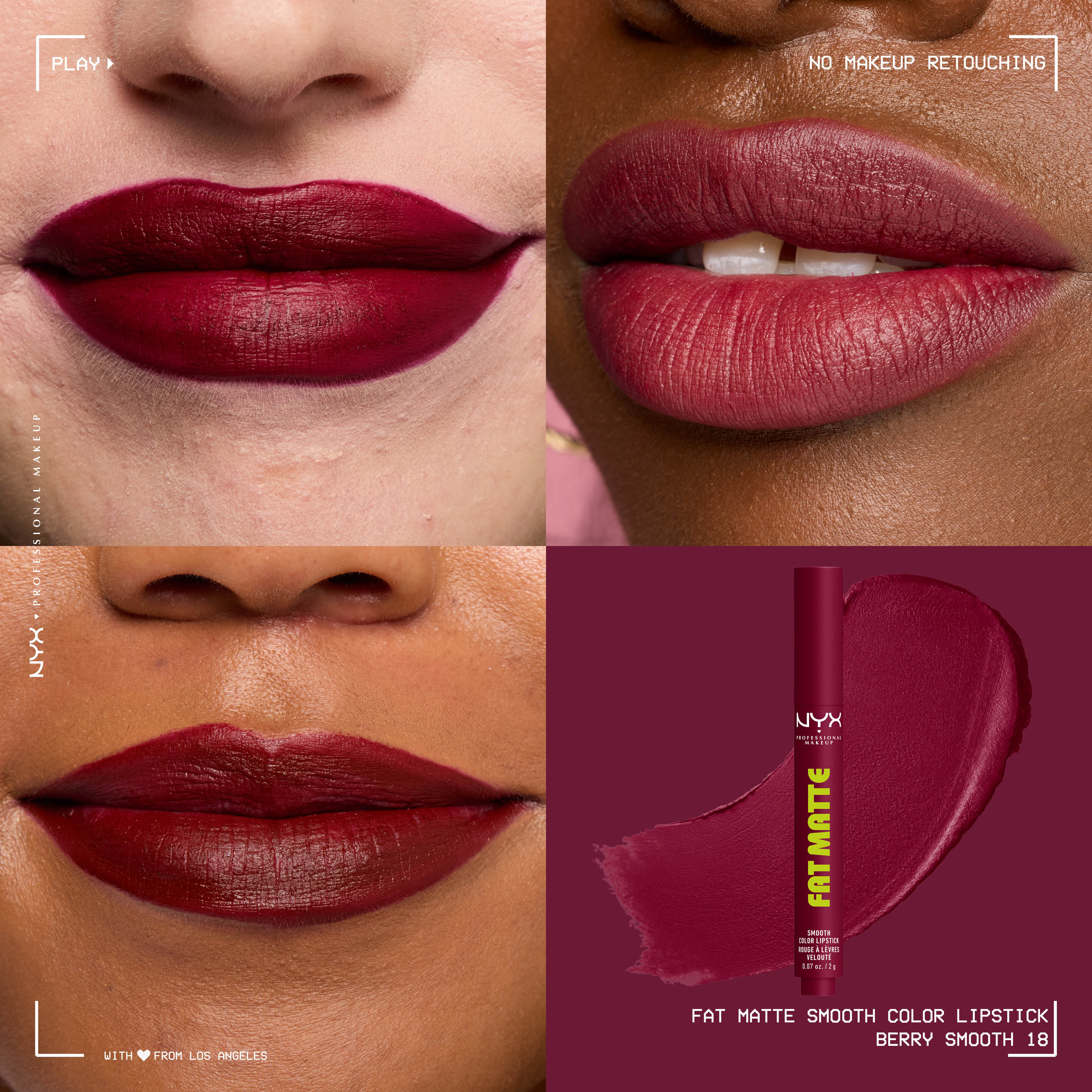 Four-panel grid showing NYX Professional Makeup Fat Matte Smooth Color Lipstick in shade Berry Smooth on three diverse skin tones with a smooth, non-cakey matte finish, alongside the click-pen packshot and shade swatch.