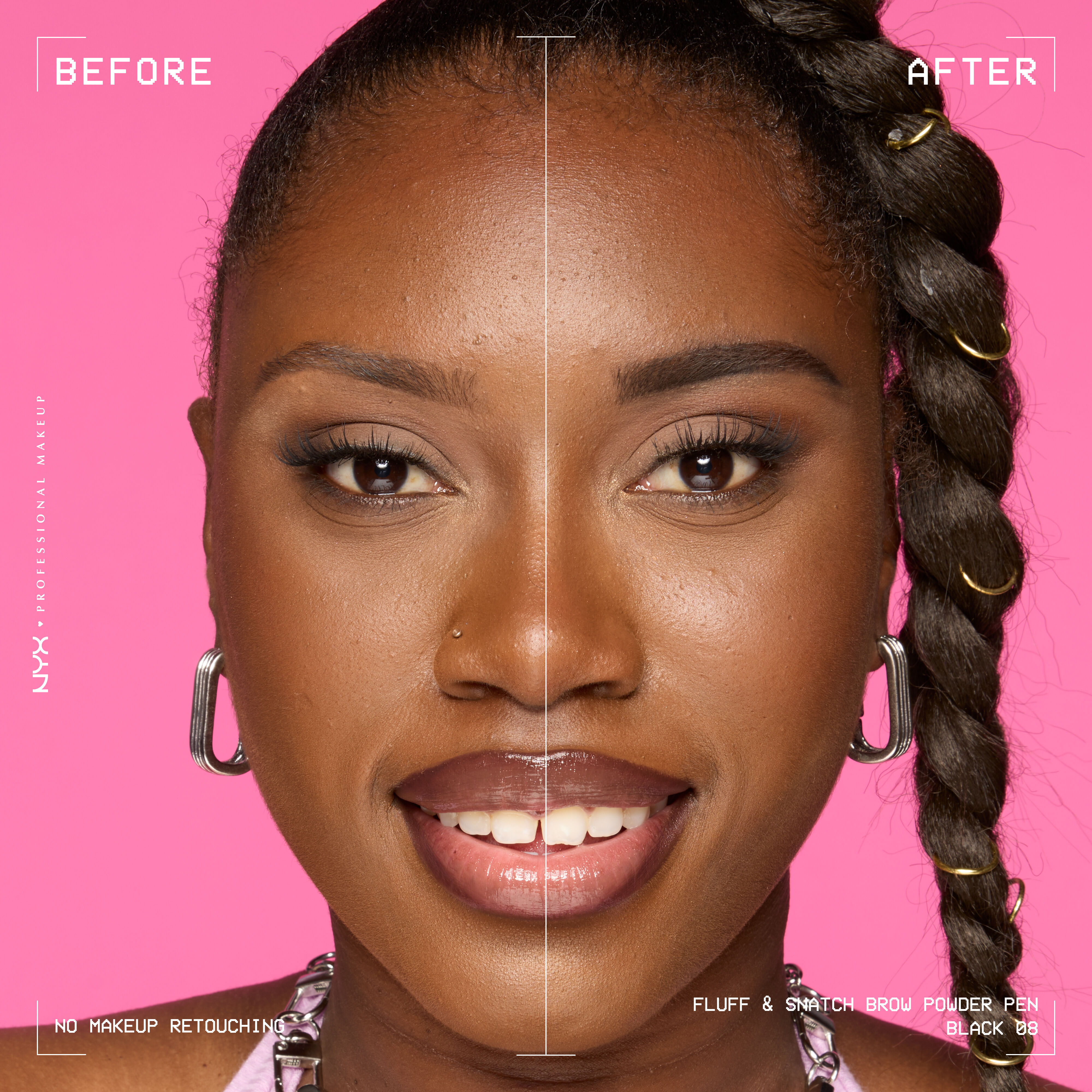 Model shown before and after using NYX Fluff and Snatch Brow Powder Pen against a pink background in shade 08 Black