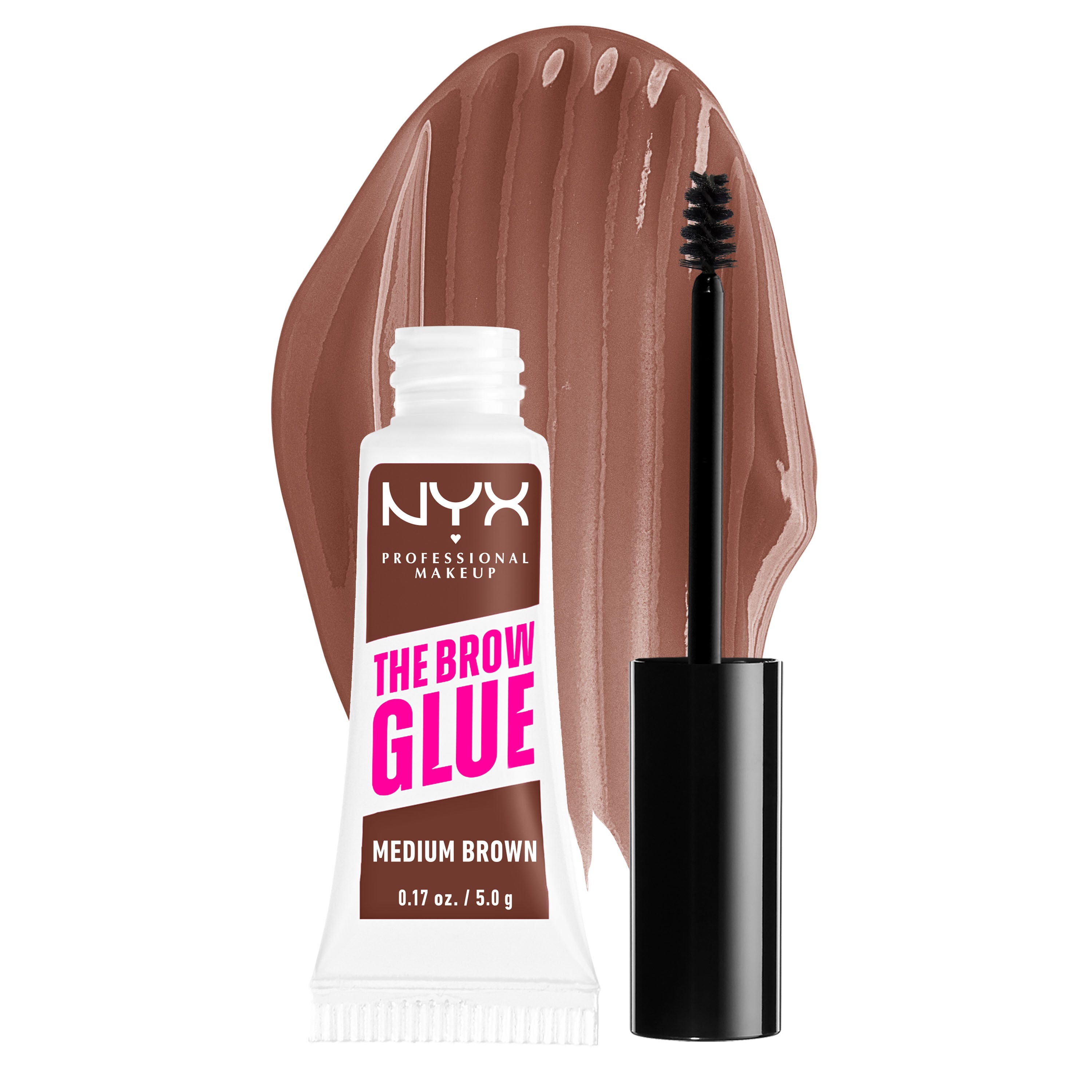 The Brow Glue Instant Brow Styler open tube with wand beside it on a white background