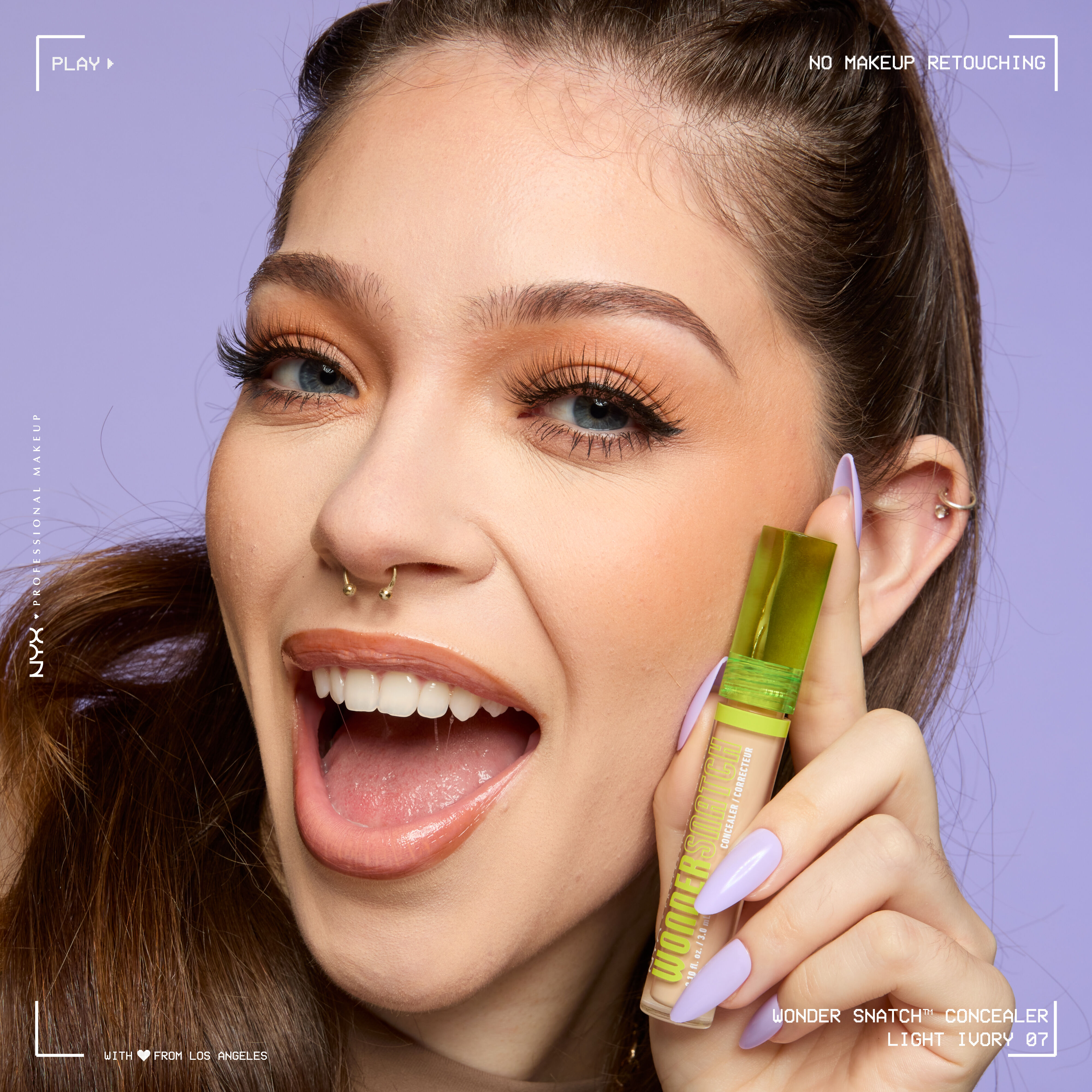 Close-up of model wearing Wonder Snatch(TM) Concealer, with brightened under-eyes, smooth-looking skin, and a natural finish.