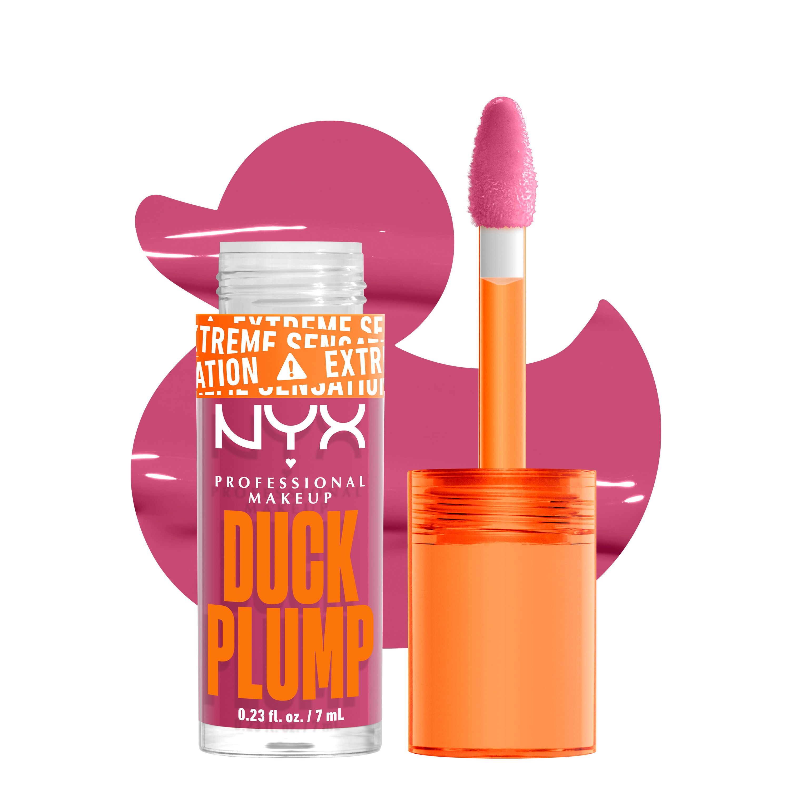 Duck Plump lip gloss bottle and applicator with duck cutout background