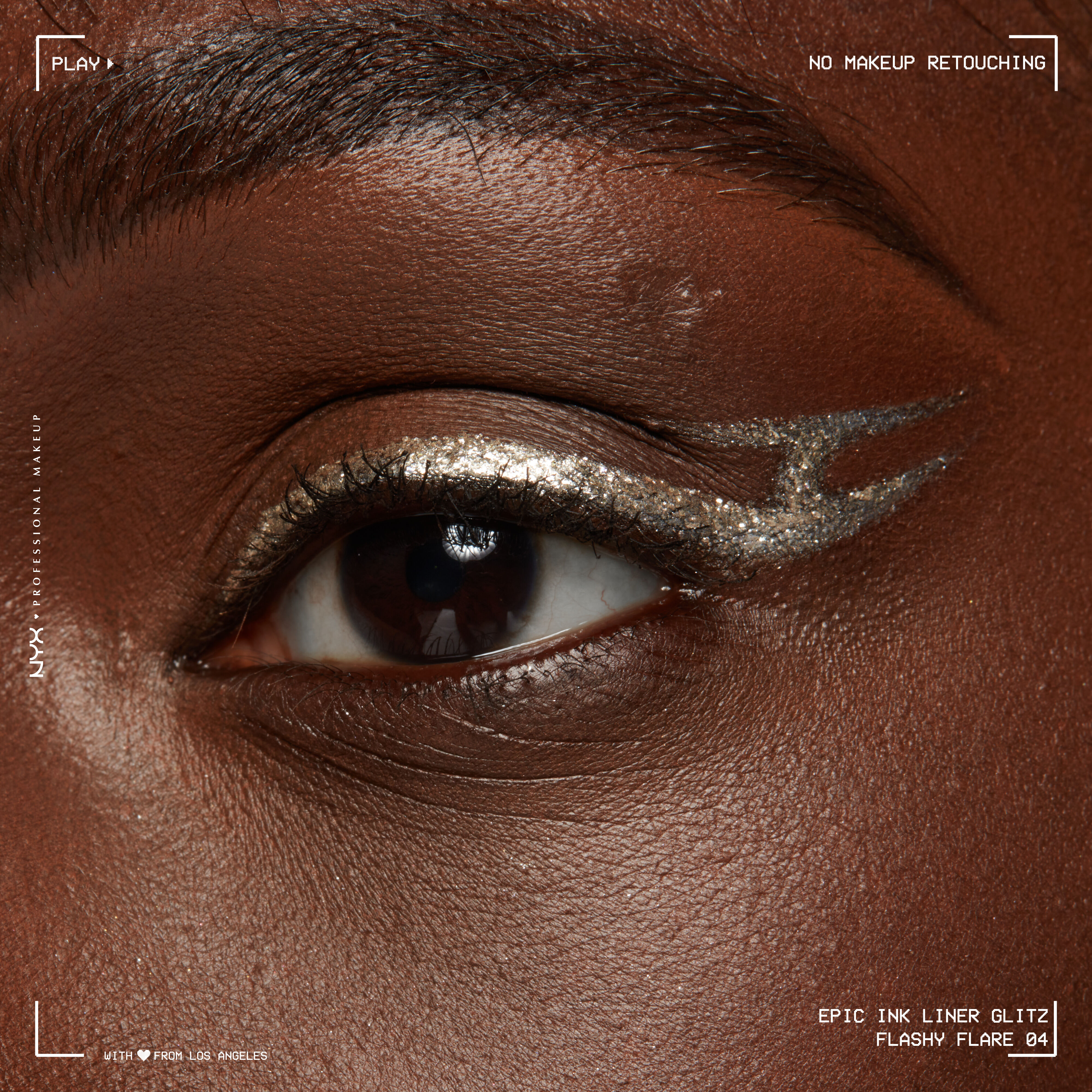 Close-up of an eye wearing Epic Ink Liquid Liner in Flashy Flare, in a winged graphic liner look