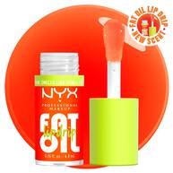 NYX Professional Makeup Fat Oil Lip Drip in Juicy Boo shown with applicator and glossy citrus-toned oil texture against bright orange background.