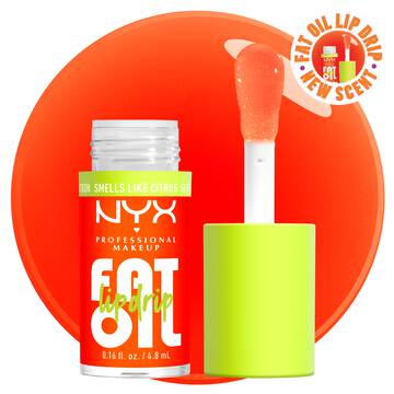 NYX Professional Makeup Fat Oil Lip Drip in Juicy Boo shown with applicator and glossy citrus-toned oil texture against bright orange background.