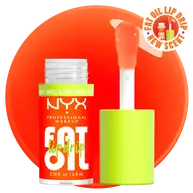 NYX Professional Makeup Fat Oil Lip Drip in Juicy Boo shown with applicator and glossy citrus-toned oil texture against bright orange background.