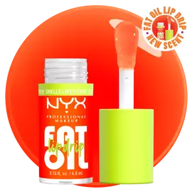 NYX Professional Makeup Fat Oil Lip Drip in Juicy Boo shown with applicator and glossy citrus-toned oil texture against bright orange background.
