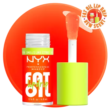 NYX Professional Makeup Fat Oil Lip Drip in Juicy Boo shown with applicator and glossy citrus-toned oil texture against bright orange background.