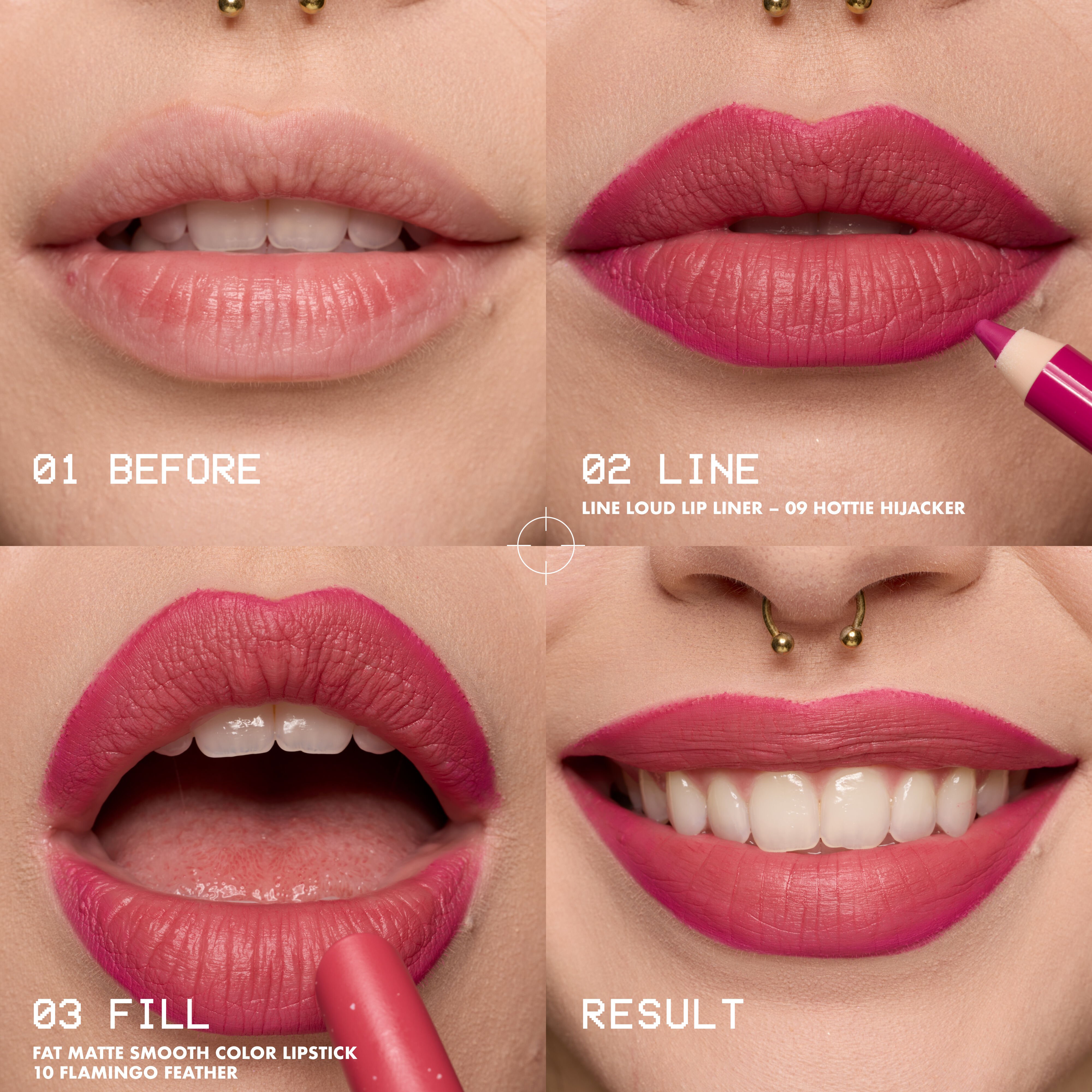 NYX Professional Makeup Fat Matte Smooth Color Lipstick in shade Flamingo Feather lip tutorial showing before, line with lip liner, fill with matte lipstick, and final bright pink lip result.