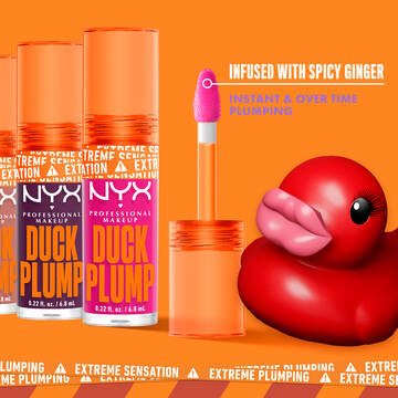 shades of Duck Plump Lip Plumping Gloss with applicator and text “infused with spicy ginger”