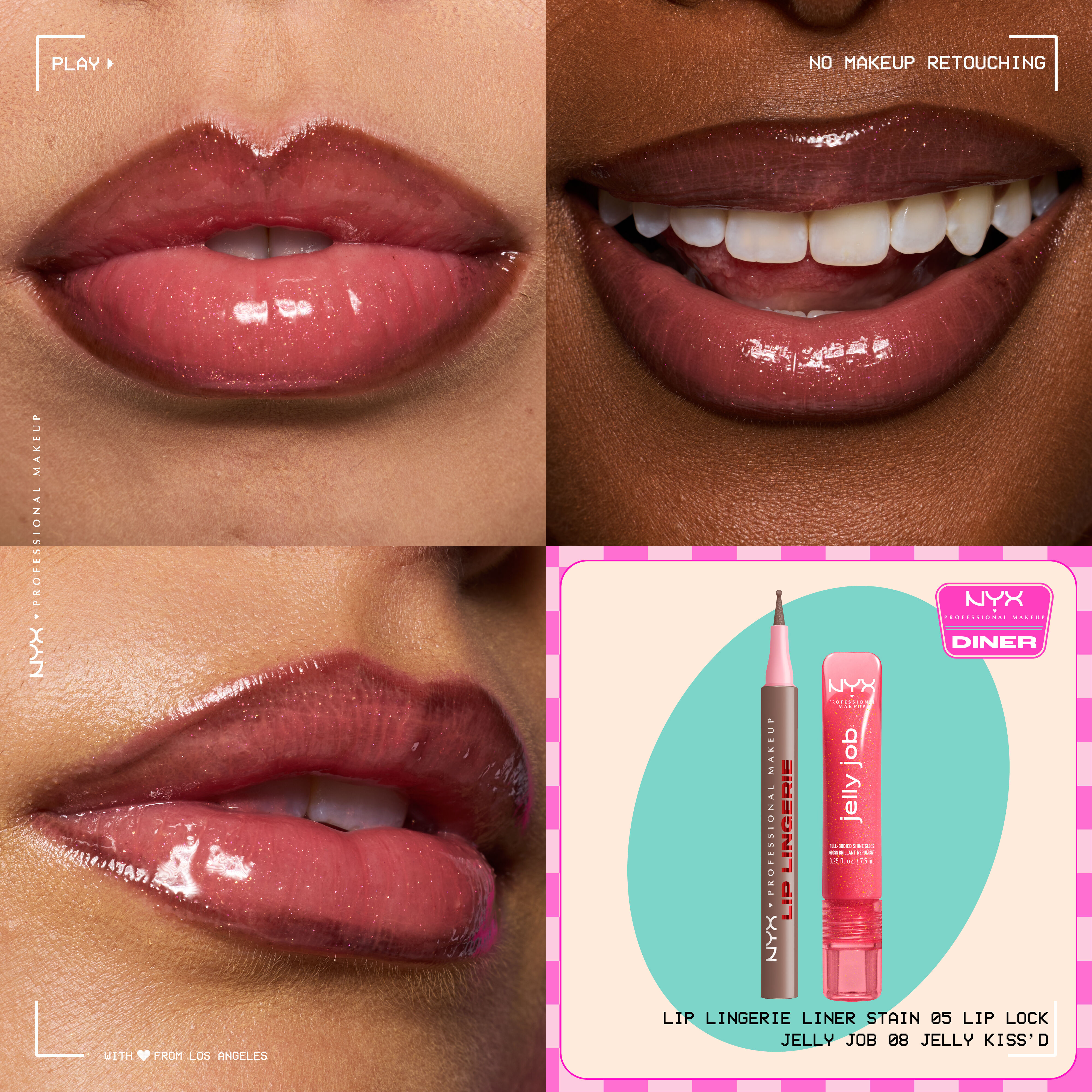 NYX Professional Makeup Lip Lingerie Lip Liner Stain in 05 Lip Lock and Jelly Job Full Bodied Shine Gloss in 08 Jelly Kiss’d shown on three lip close-ups with a small product duo packshot.