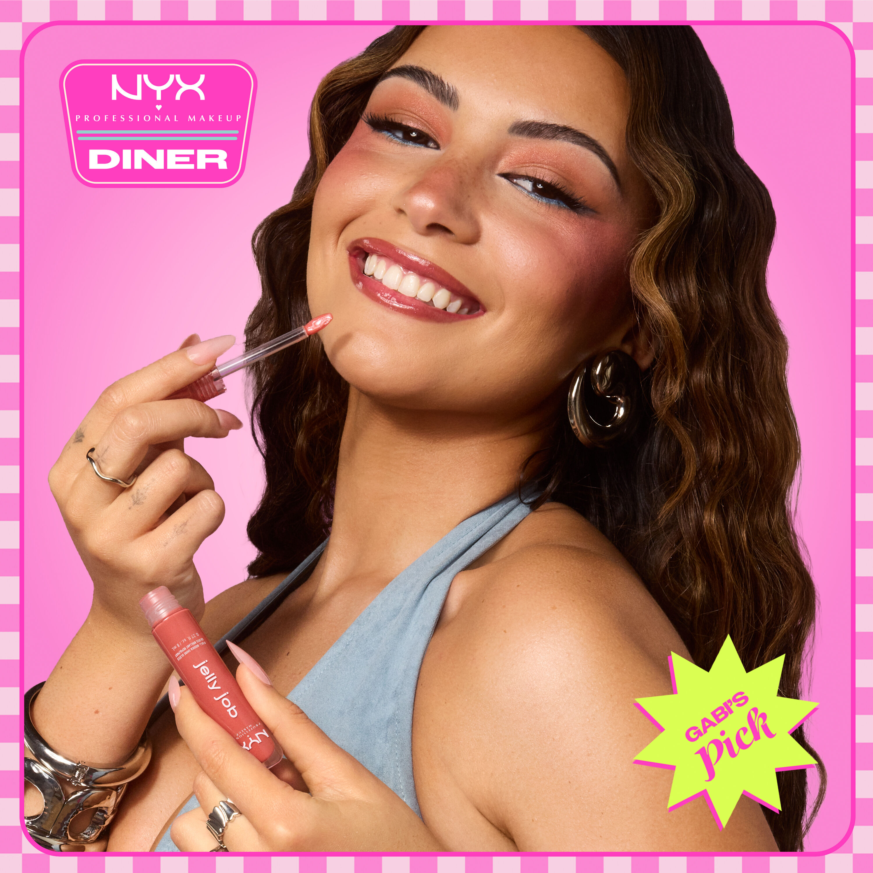 NYX Professional Makeup Lip Lingerie Lip Liner Stain in 02 Naughty Nude and Jelly Job Full Bodied Shine Gloss in 12 Jelly Squeeze featured in a beauty visual with model close-up and campaign graphics.