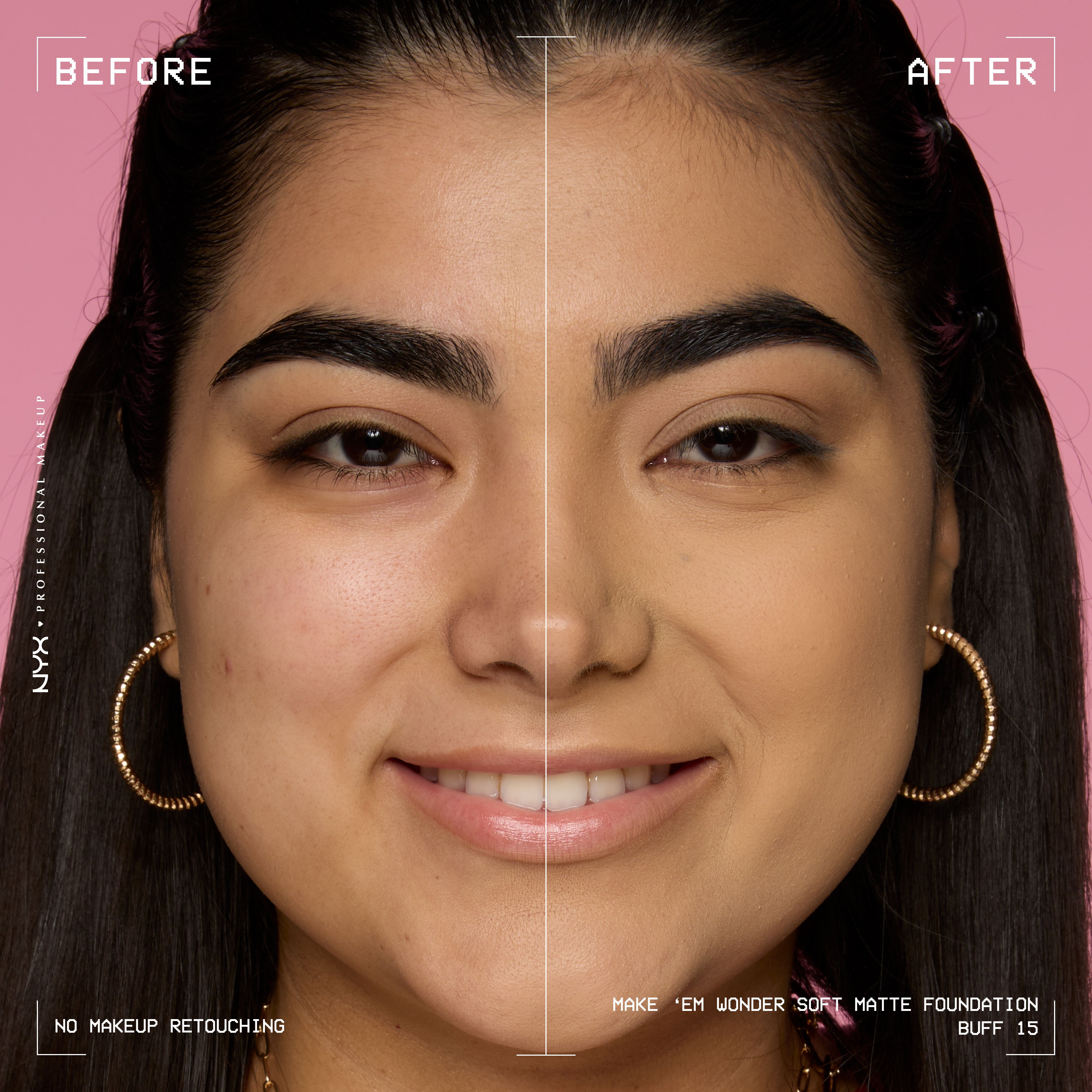 Before-and-after model wearing NYX Make ’Em Wonder Foundation shade 15 Buff, text overlay “Before / After.”