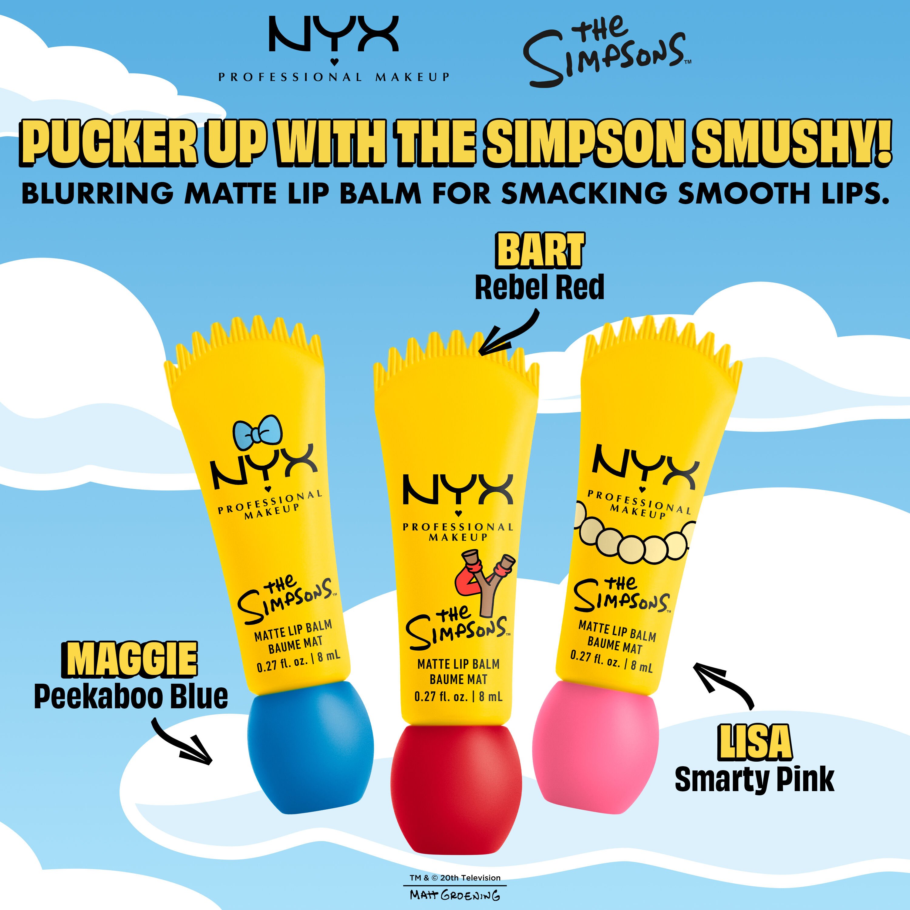 NYX Professional Makeup The Simpsons Smushy Matte Lip Balm range, three tubes with yellow packaging and product names on a blue background