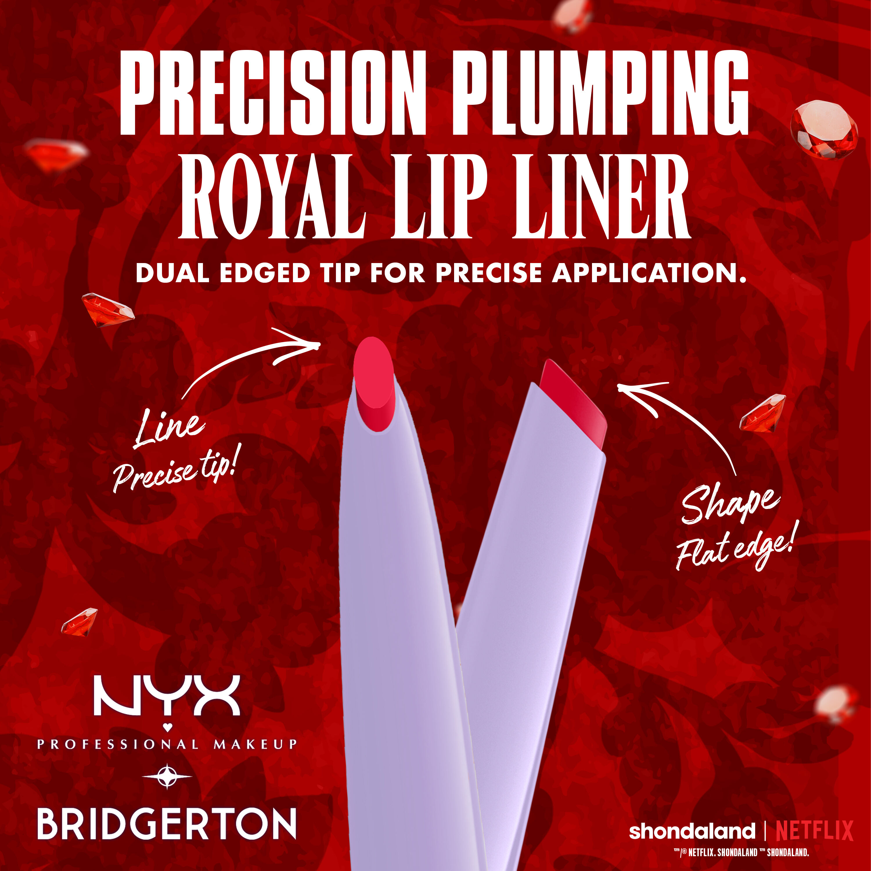 NYX Precision Duck Plump Plumping Royal Lip Liner shown with dual-ended tips, featuring benefits for precise application and shaping in shade Rogue Romance, Flirt Alert