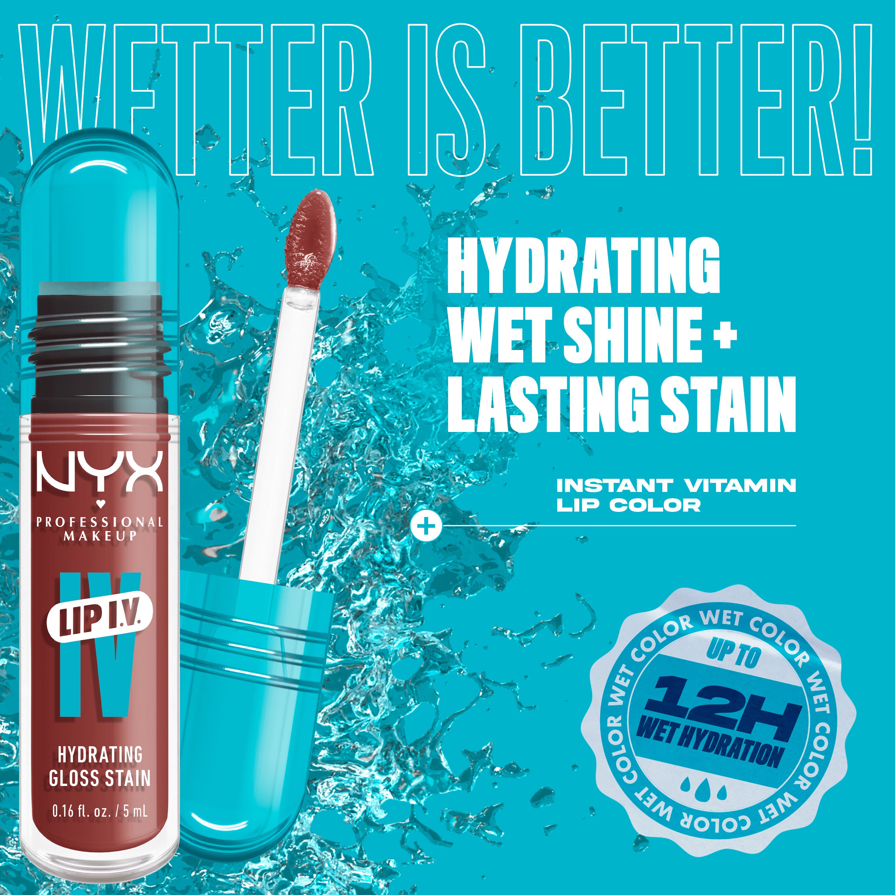 Lip I.V. Hydrating Gloss Stain with applicator on blue splash background with text "hydrating wet shine + lasting stain"