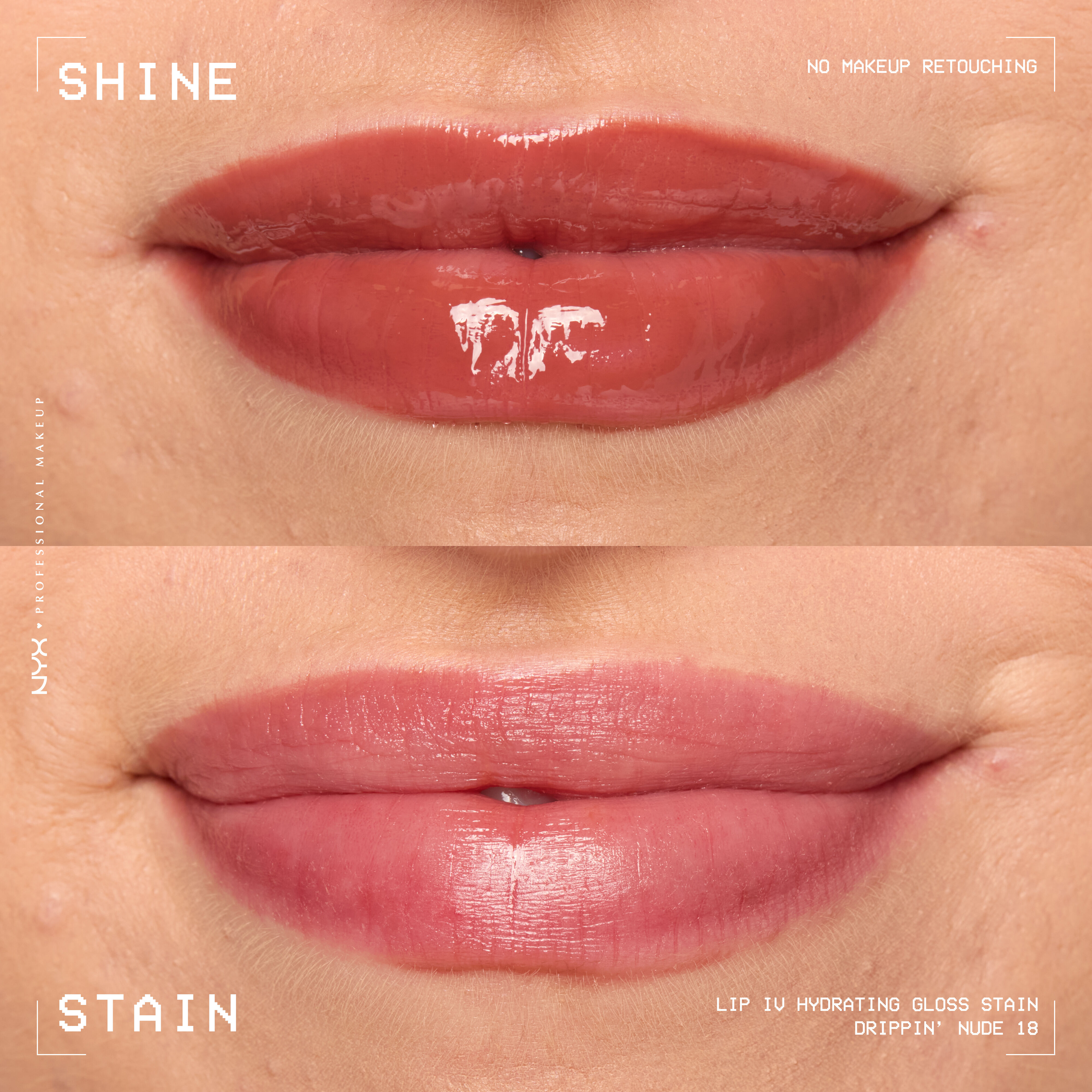 Comparison of lips when glossy from Lip I.V. Hydrating Lip Gloss Stain versus after staining labeled "Shine" and "Stain."