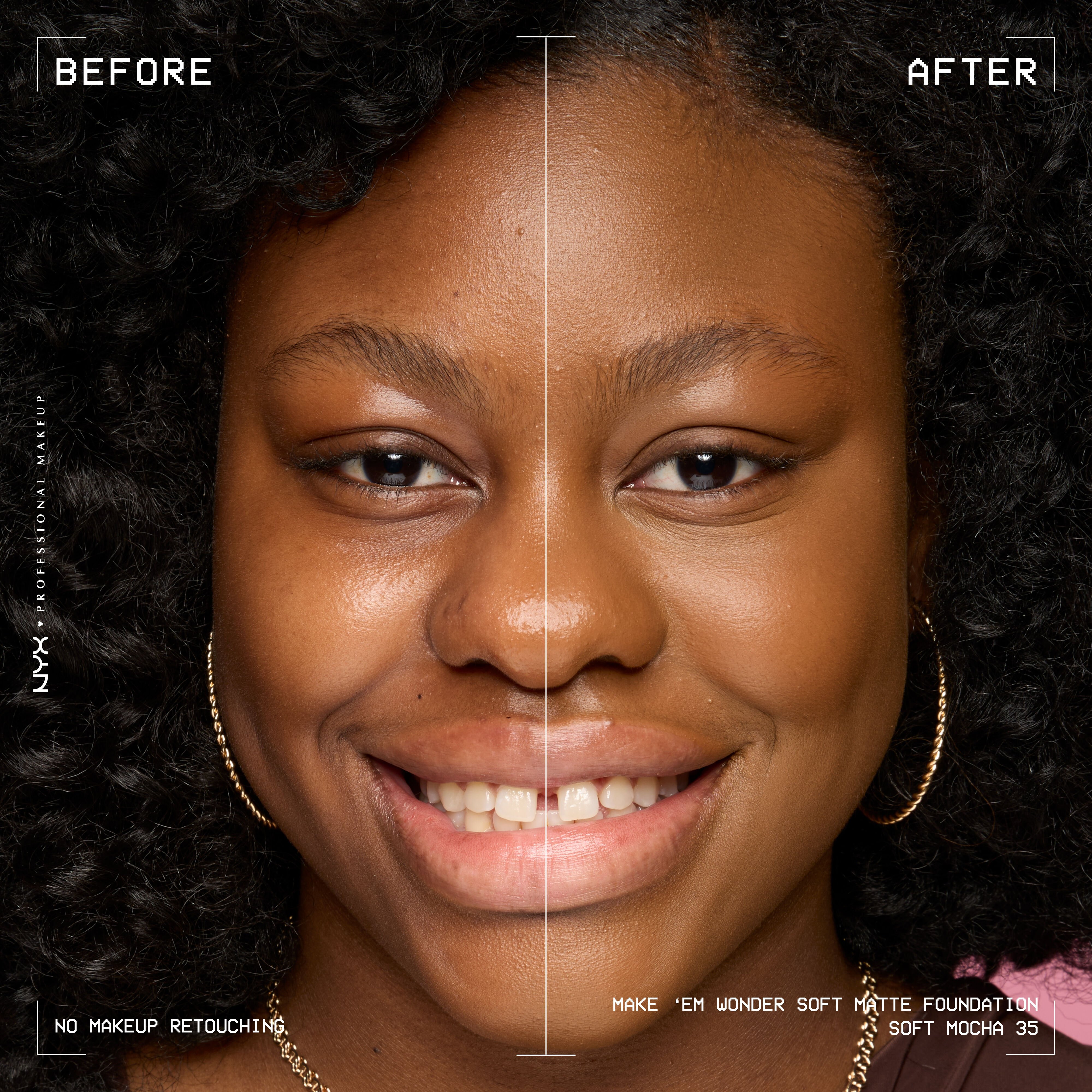 Before-and-after model wearing NYX Make ’Em Wonder Foundation shade 35 Soft Mocha, text overlay “Before / After.”