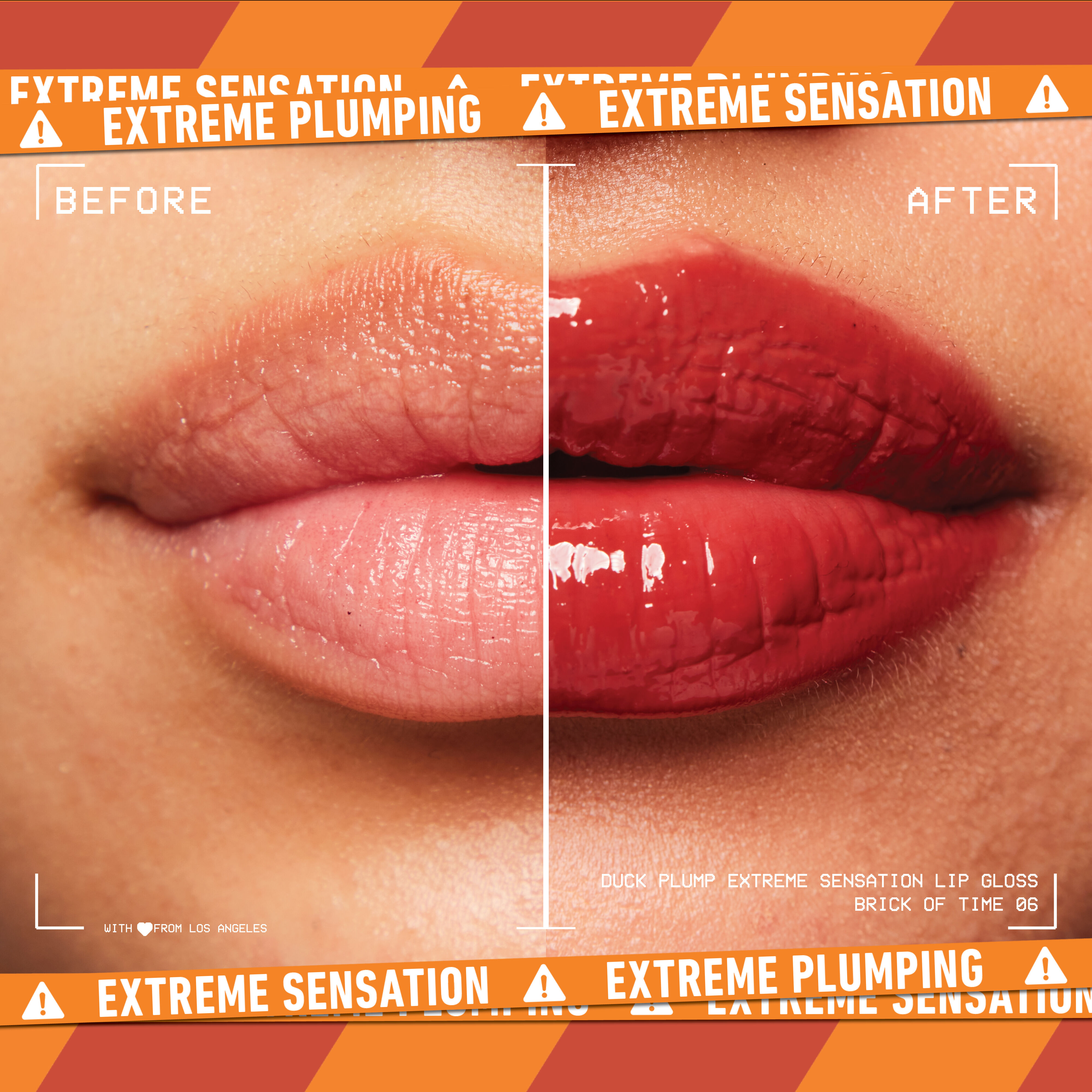 before and after image of lips with Duck Plump Lip Plumping Gloss