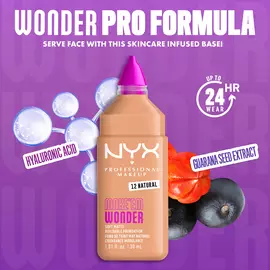 NYX Make ’Em Wonder Foundation shade 12 Natural with text overlay “Wonder Pro Formula,” featuring hyaluronic acid and guarana seed extract.