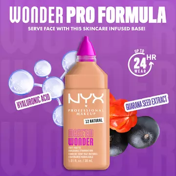 NYX Make ’Em Wonder Foundation shade 12 Natural with text overlay “Wonder Pro Formula,” featuring hyaluronic acid and guarana seed extract.