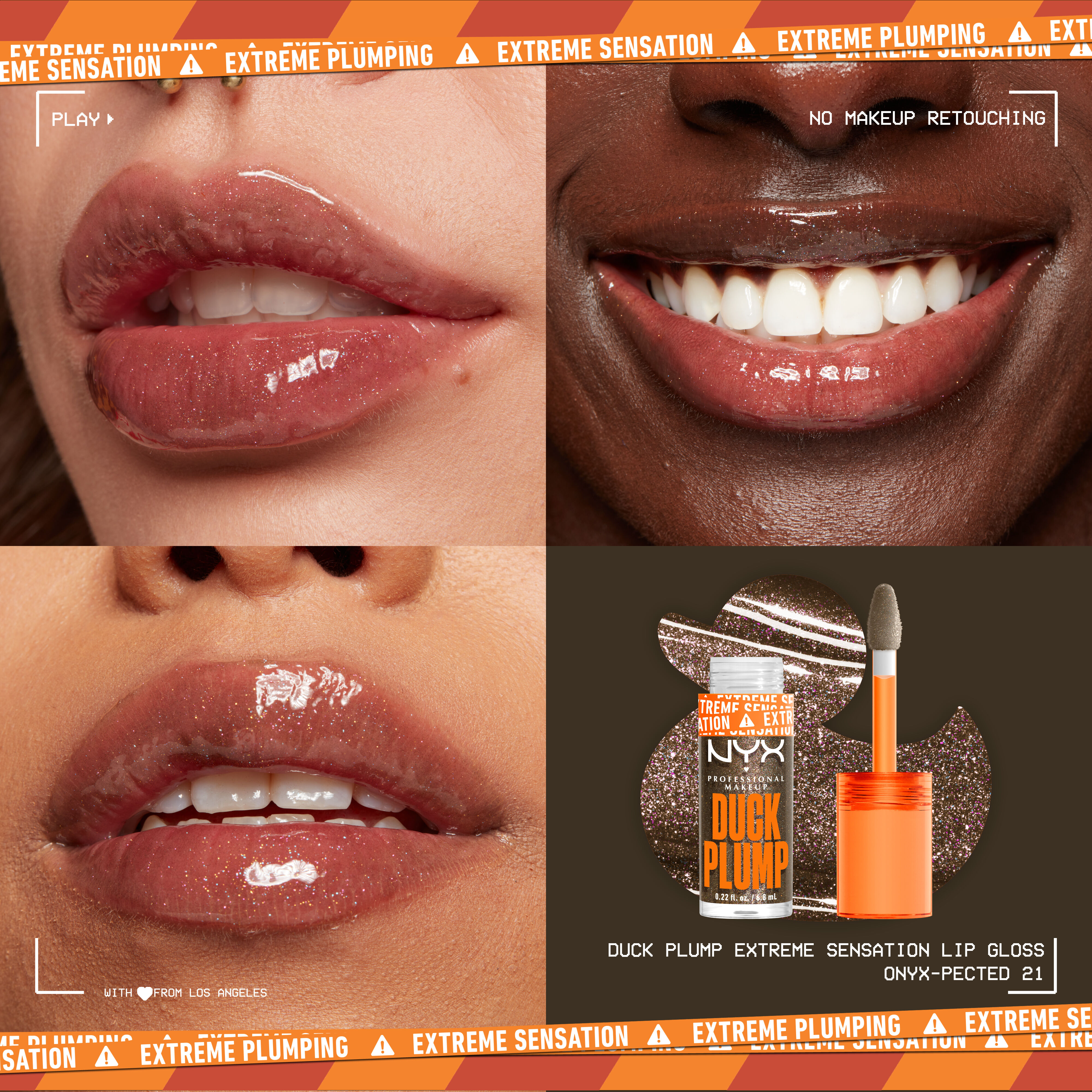 Duck Plump Lip Plumping Gloss glitter holographic lip gloss on three different pairs of lips