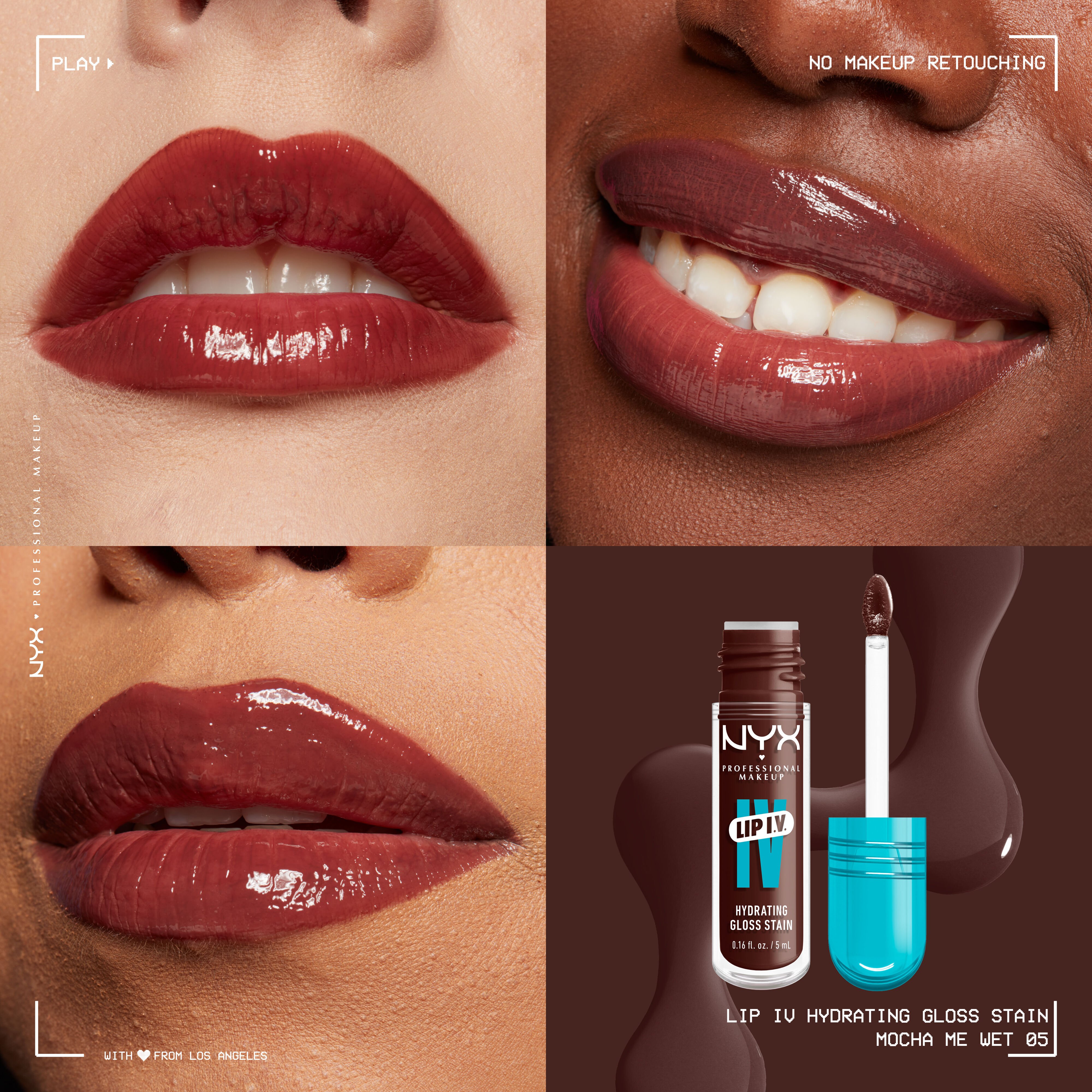 Lip I.V. Hydrating Lip Stain Gloss on three different skin tones