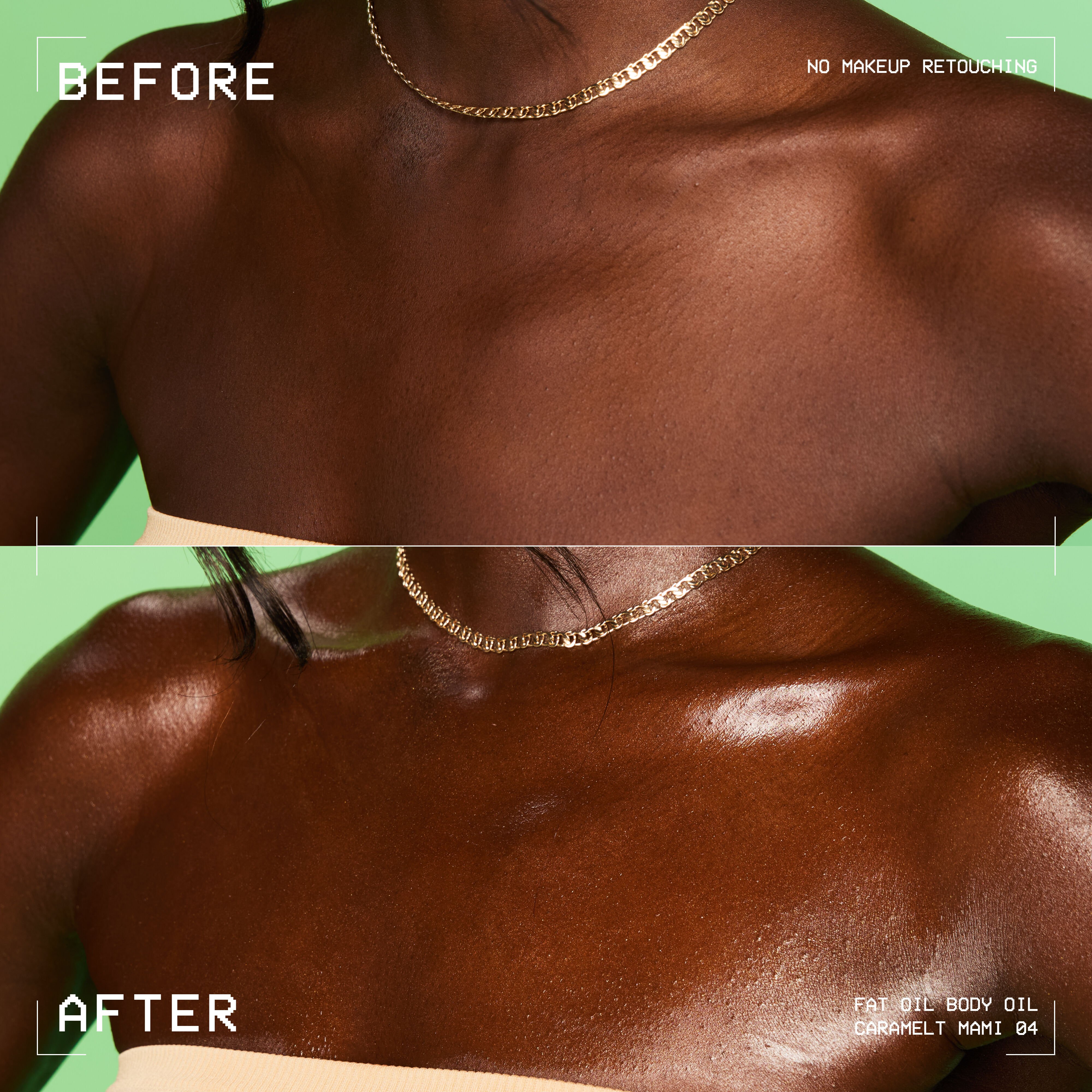 Before-and-after comparison showing smoother, more radiant skin with a bronzed, glowy finish after using NYX Professional Makeup Fat Oil Body Oil in Caramelt Mami.