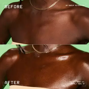 Before-and-after comparison showing smoother, more radiant skin with a bronzed, glowy finish after using NYX Professional Makeup Fat Oil Body Oil in Caramelt Mami.