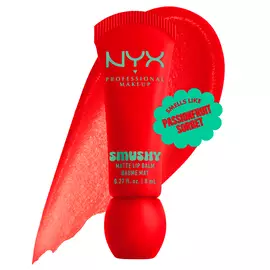 Smushy Matte Lip Balm in red-orange shade, Soft Sorbet, on white background with lip balm color swatch