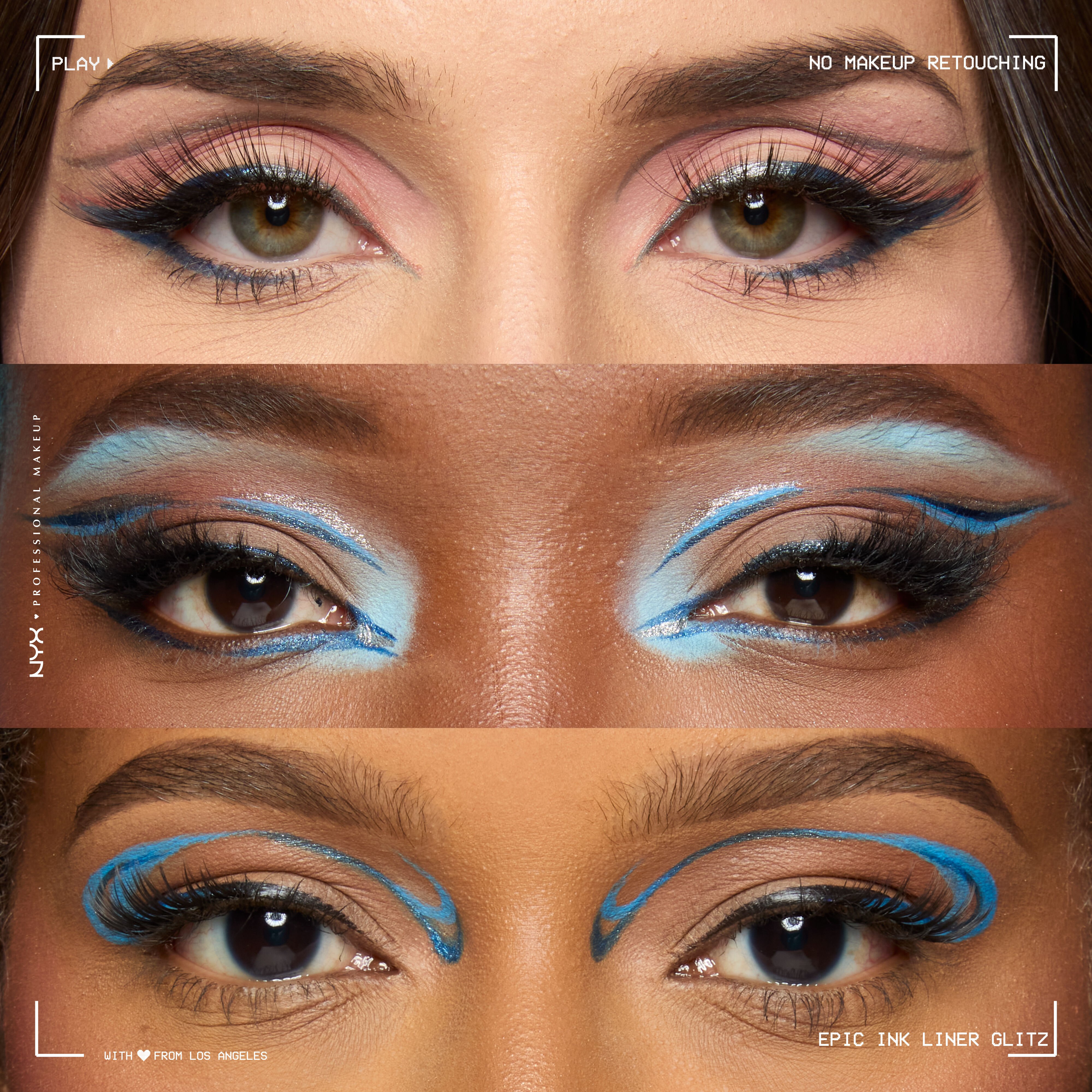 A collage with eye close-ups of 3 models with different skintones wearing Epic Ink Liner in blue, gray, and black shades