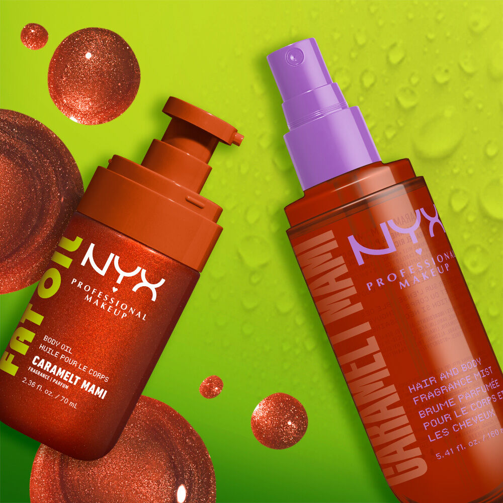 Two NYX Professional Makeup Caramelt Mami products on a lime green background with caramel brown shimmer bubbles and clear droplets: Fat Oil body oil in a brown pump bottle and hair & body fragrance mist in a brown spray bottle with lavender pump.