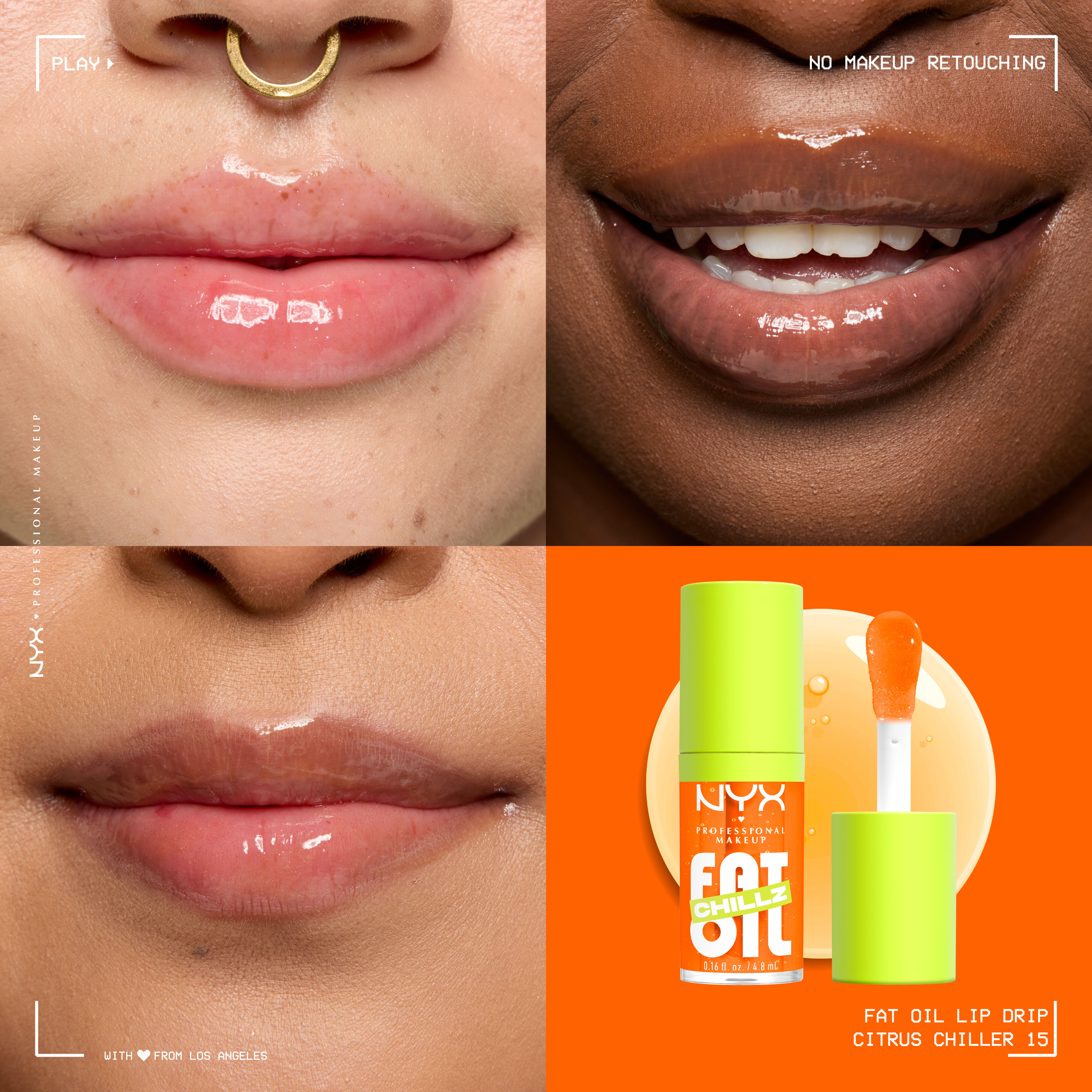 Fat Oil Chillz Lip Drip Lip Oil in shade Citrus Chiller on three different skin tones