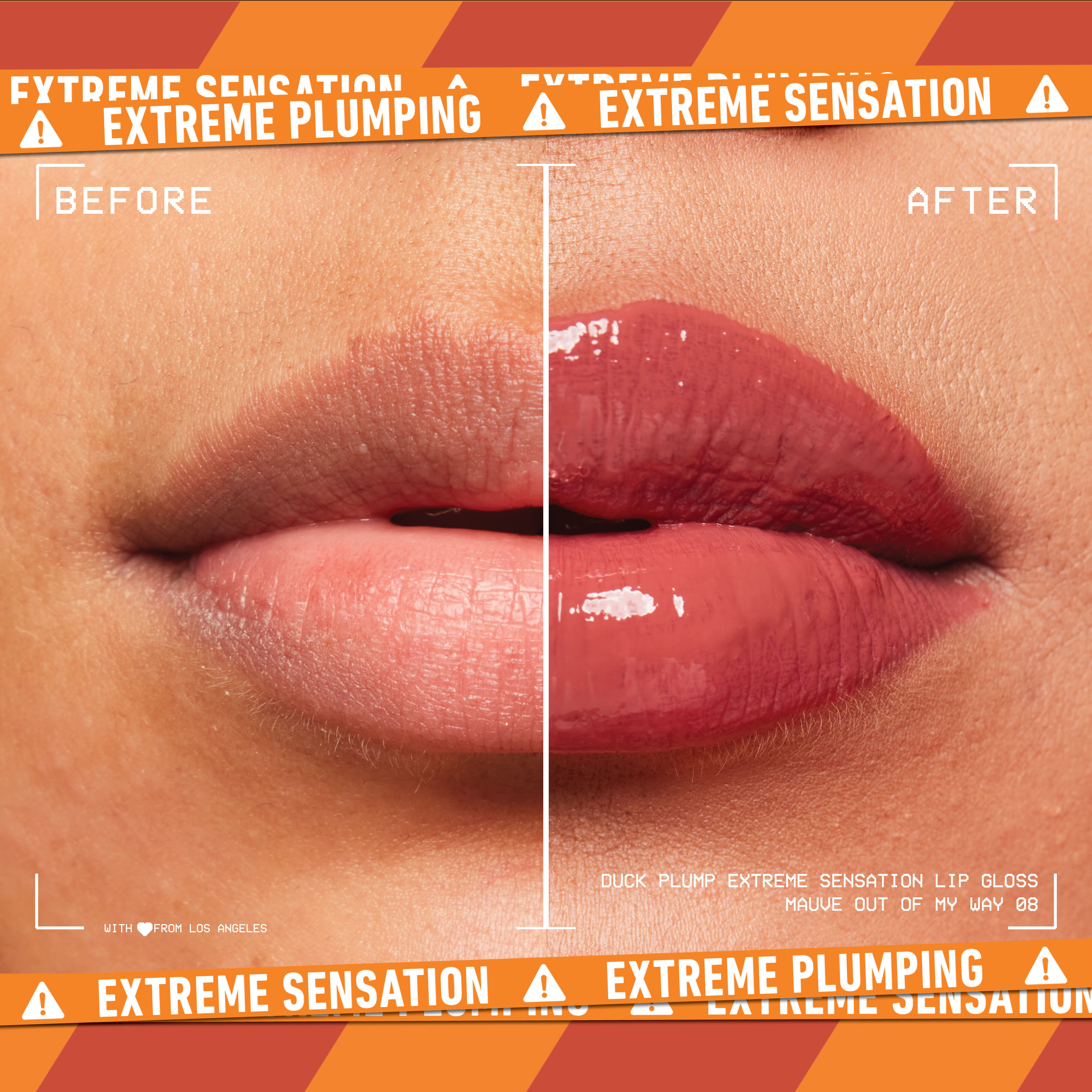 before and after image of lips with Duck Plump Lip Plumping Gloss
