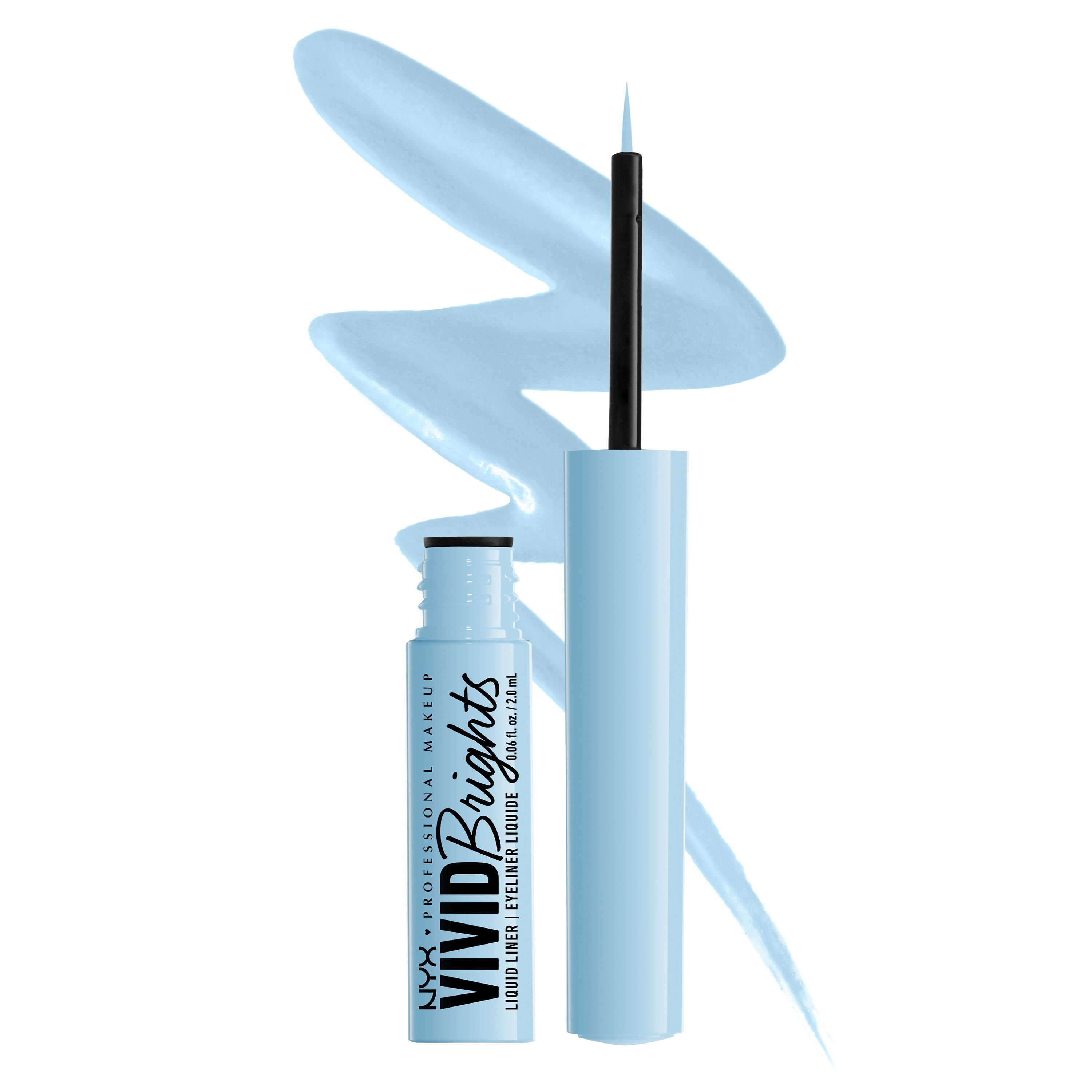 Vivid Brights Colored Liquid Eyeliner bottle on white background and eyeliner squiggle