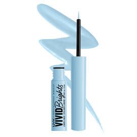 Vivid Brights Colored Liquid Eyeliner bottle on white background and eyeliner squiggle