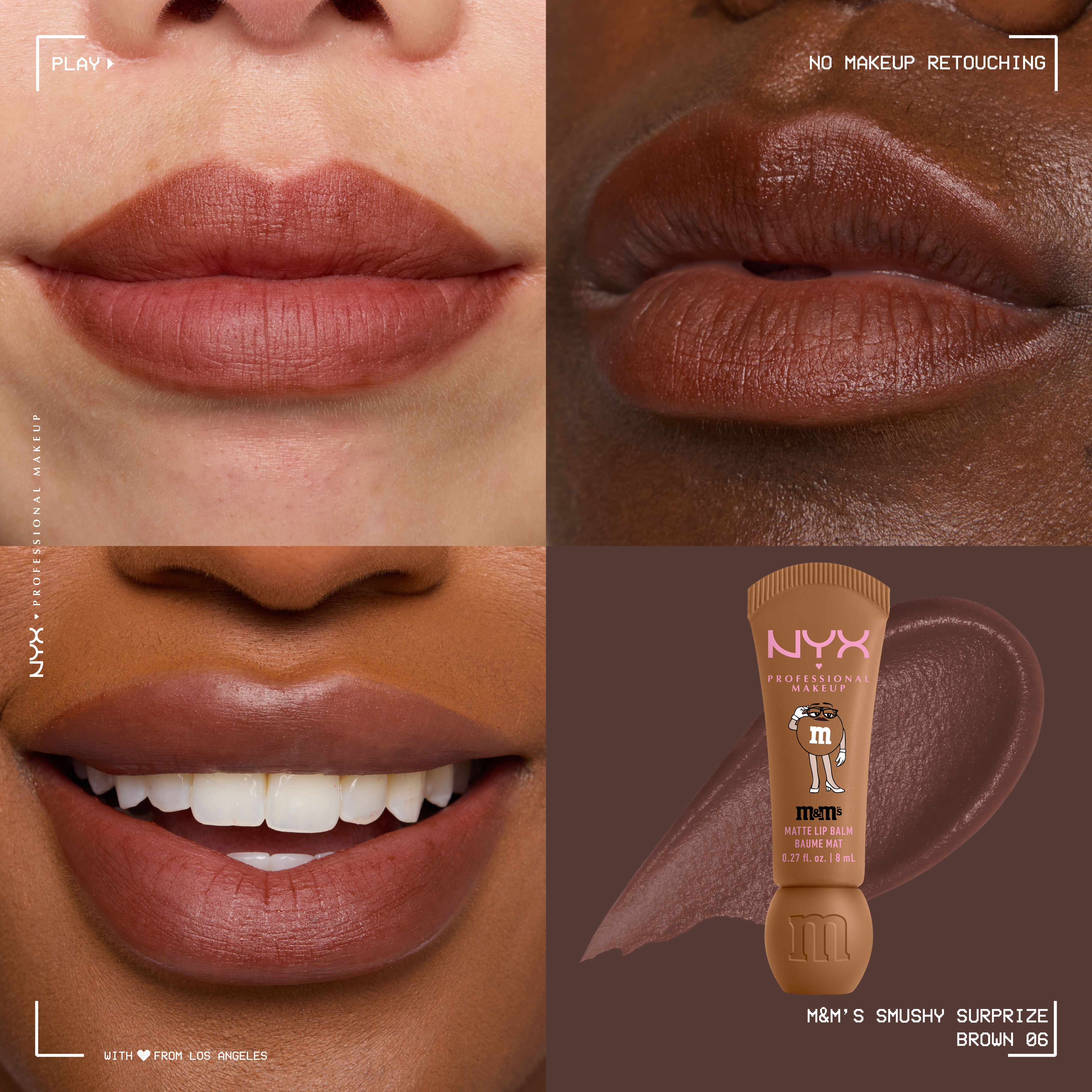  Close-up collage of three models wearing NYX Professional Makeup M&M'S Smushy Surprize Brown 06 matte lip balm, with the brown tube and matching lip swatch shown on the right. on the front.