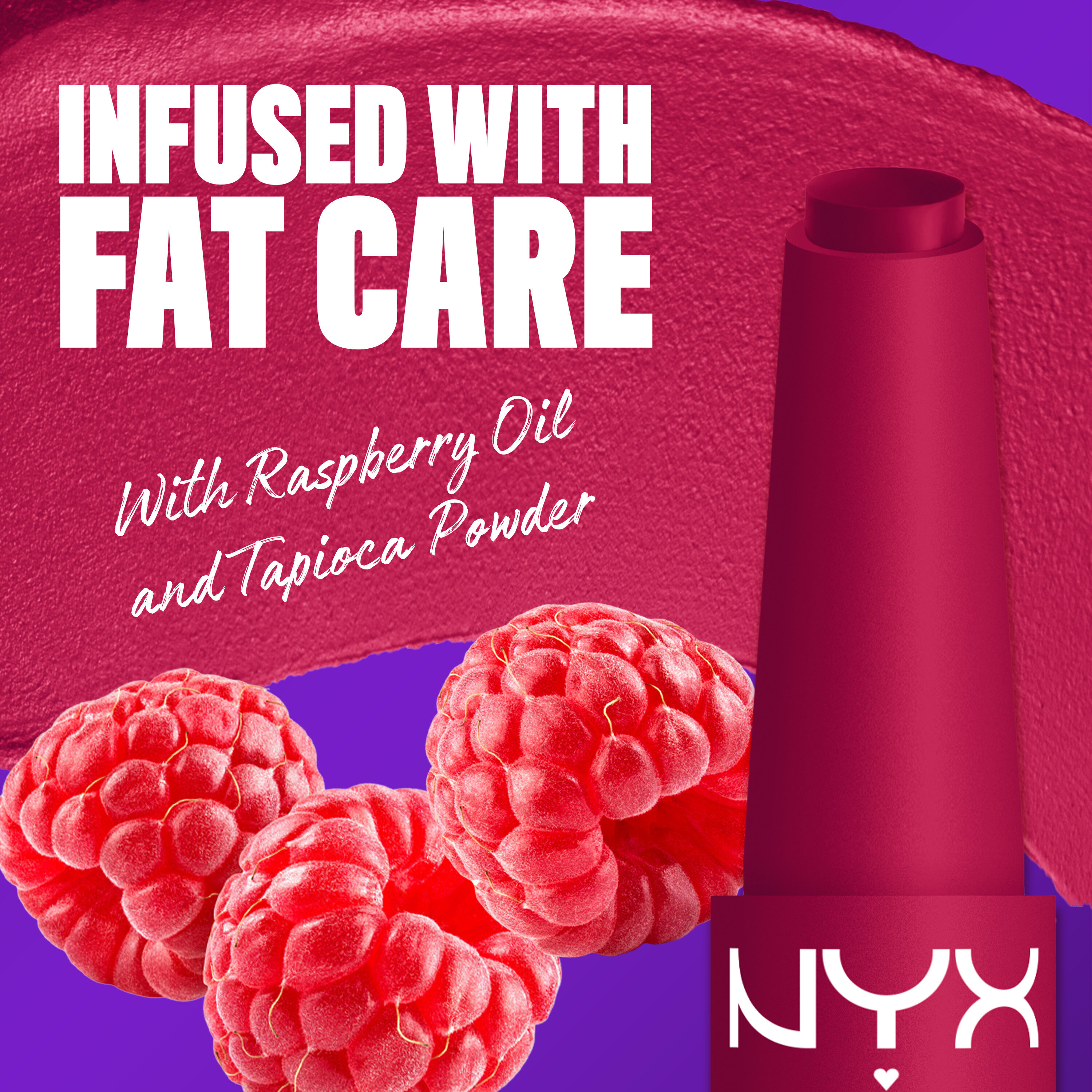 NYX Professional Makeup Fat Matte Smooth Color Lipstick infused with raspberry oil and tapioca powder for soft, smooth creamy matte lip color.