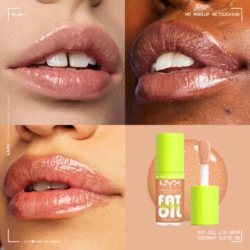 NYX Professional Makeup Fat Oil Lip Drip in Coconut Cutie shown on three models with glossy hydrated lips and product packaging, highlighting universal shine and non-sticky finish,